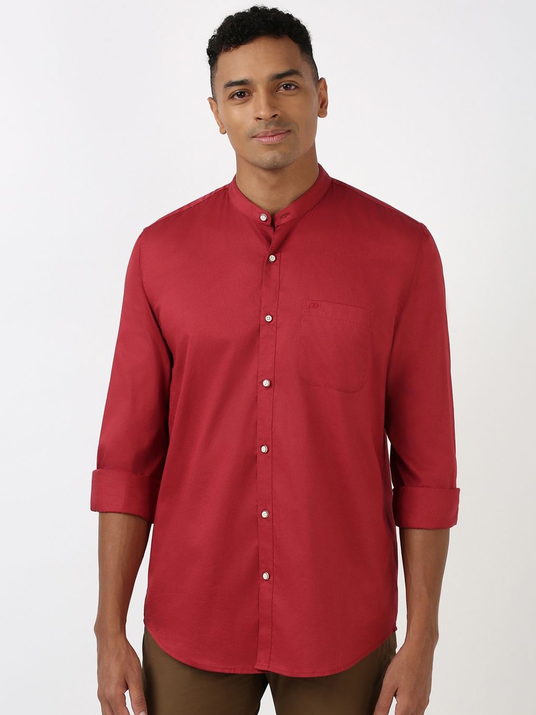 

Peter England Casuals Men Mandarin Collar Solid Cotton Slim Fit Casual Shirt, Red