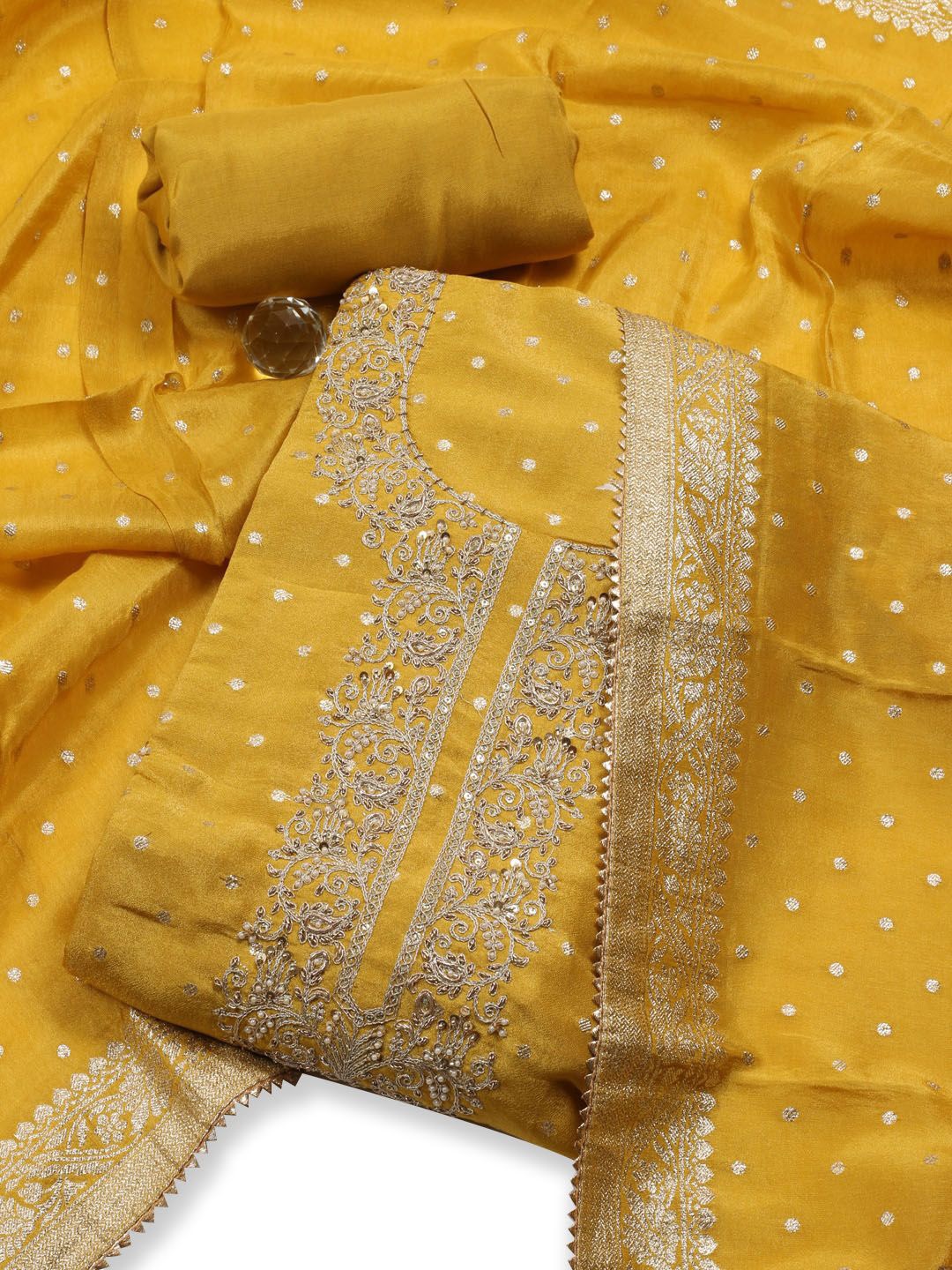 

Meena Bazaar Art Silk Unstitched Dress Material, Mustard