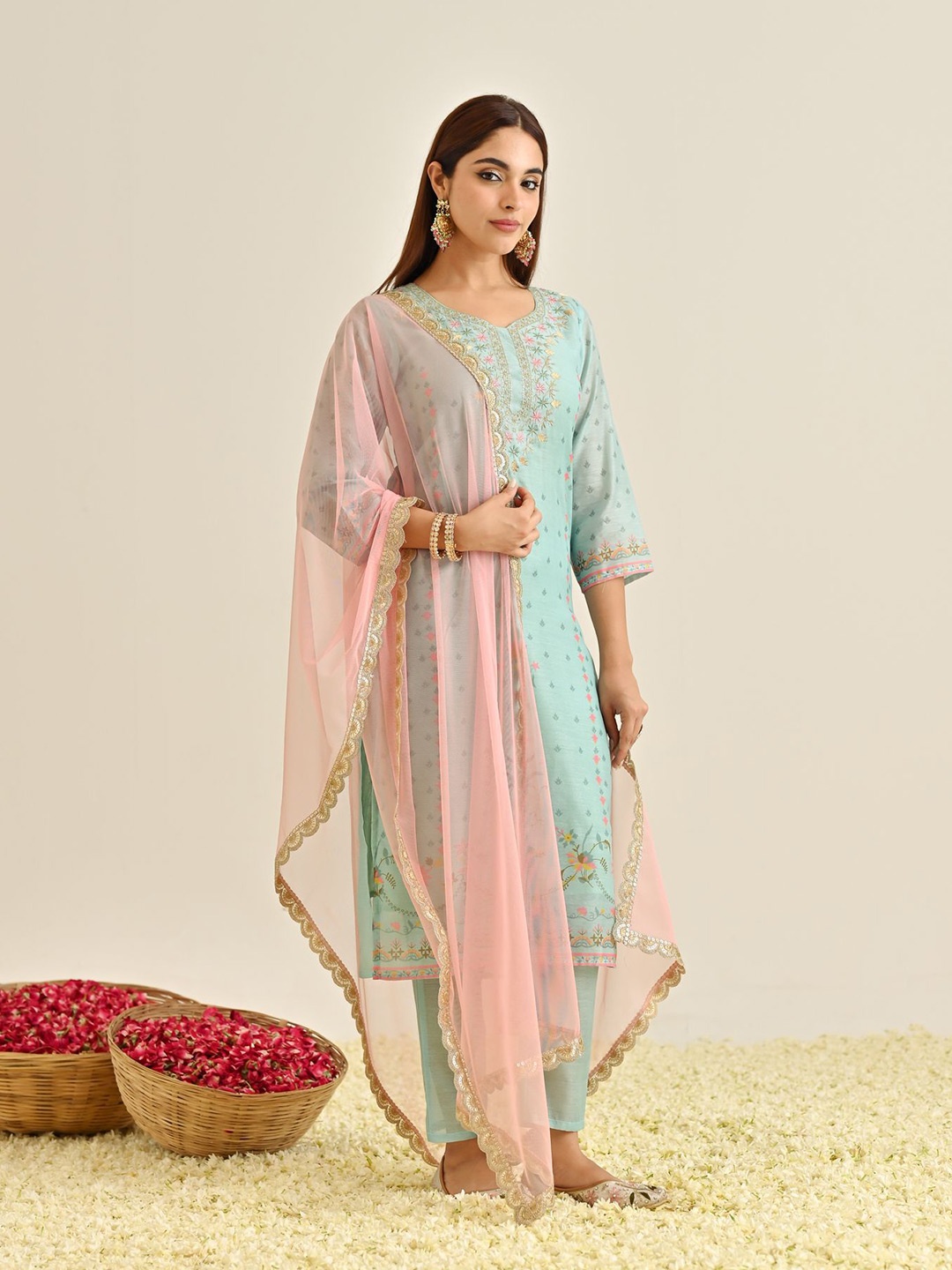 

Rustorange Floral Embroidered Straight Kurta with Trousers & Dupatta, Blue