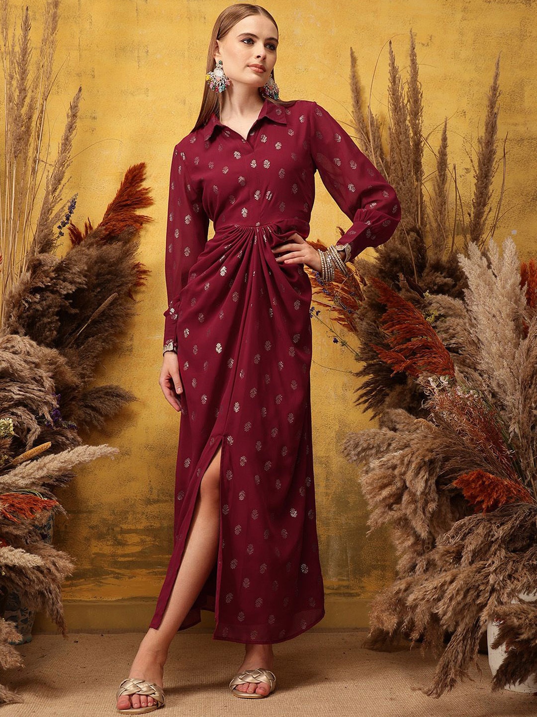 

indo street Printed Cuffed Sleeves Maxi Ethnic Dress, Burgundy