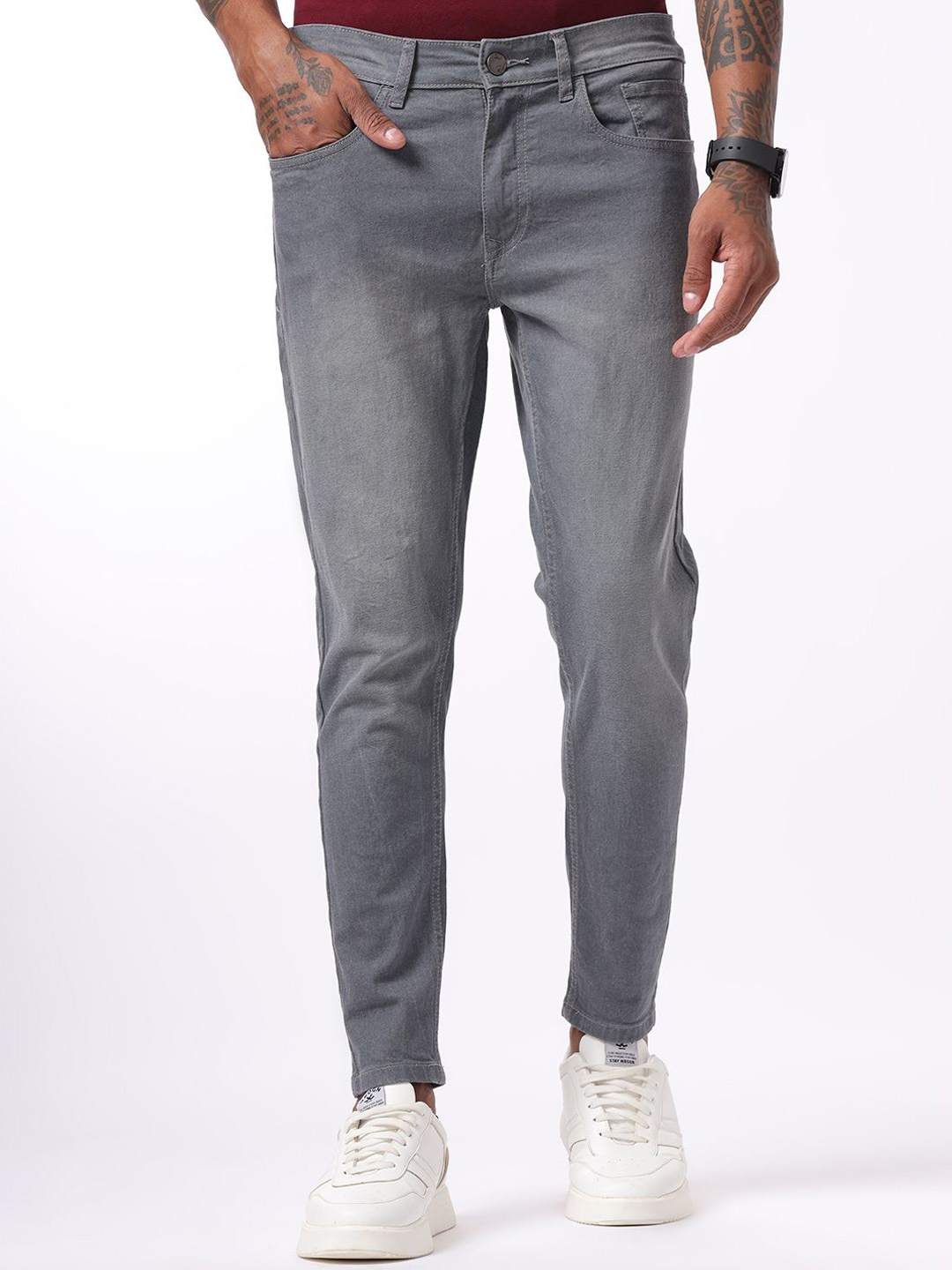 

WROGN Men Mid-Rise Comfort Skinny Fit Heavy Fade Jeans, Grey