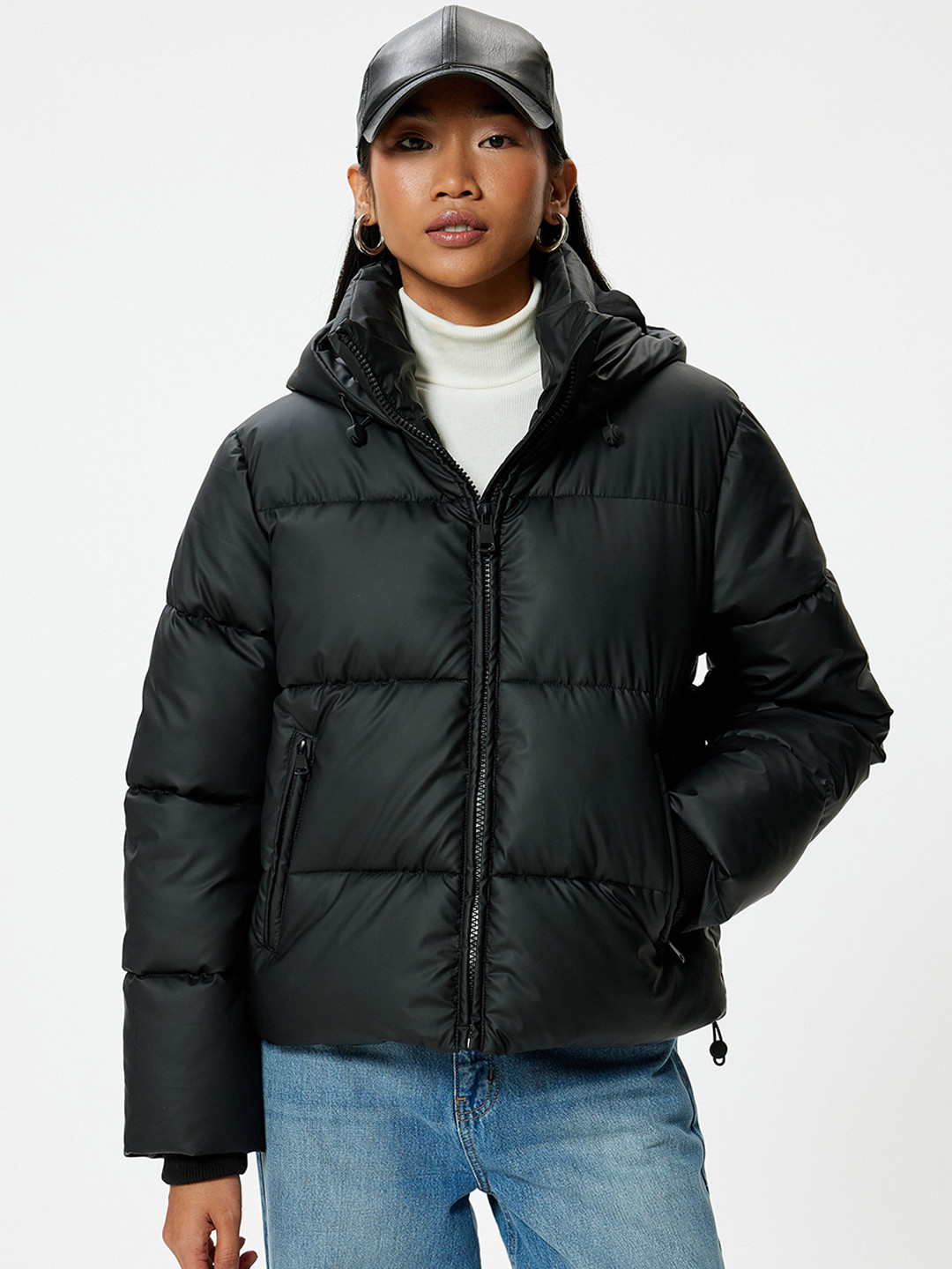 

Koton Women Solid Hooded Bomber Jacket, Black