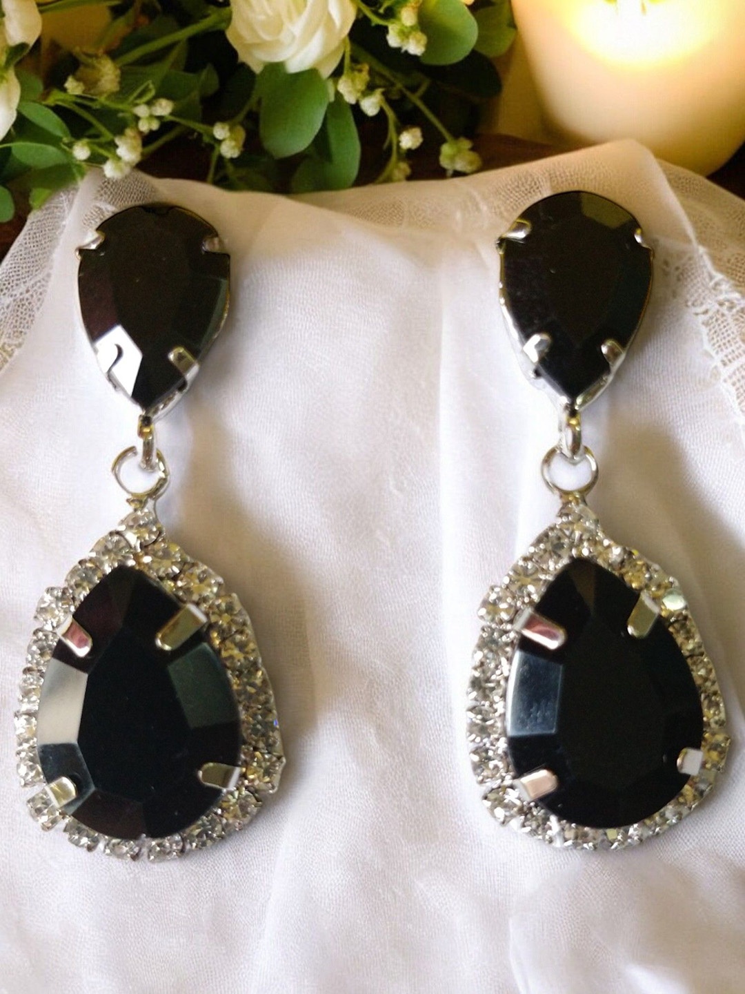 

fabula Cubic Zirconia Teardrop Shaped Drop Earrings, Black
