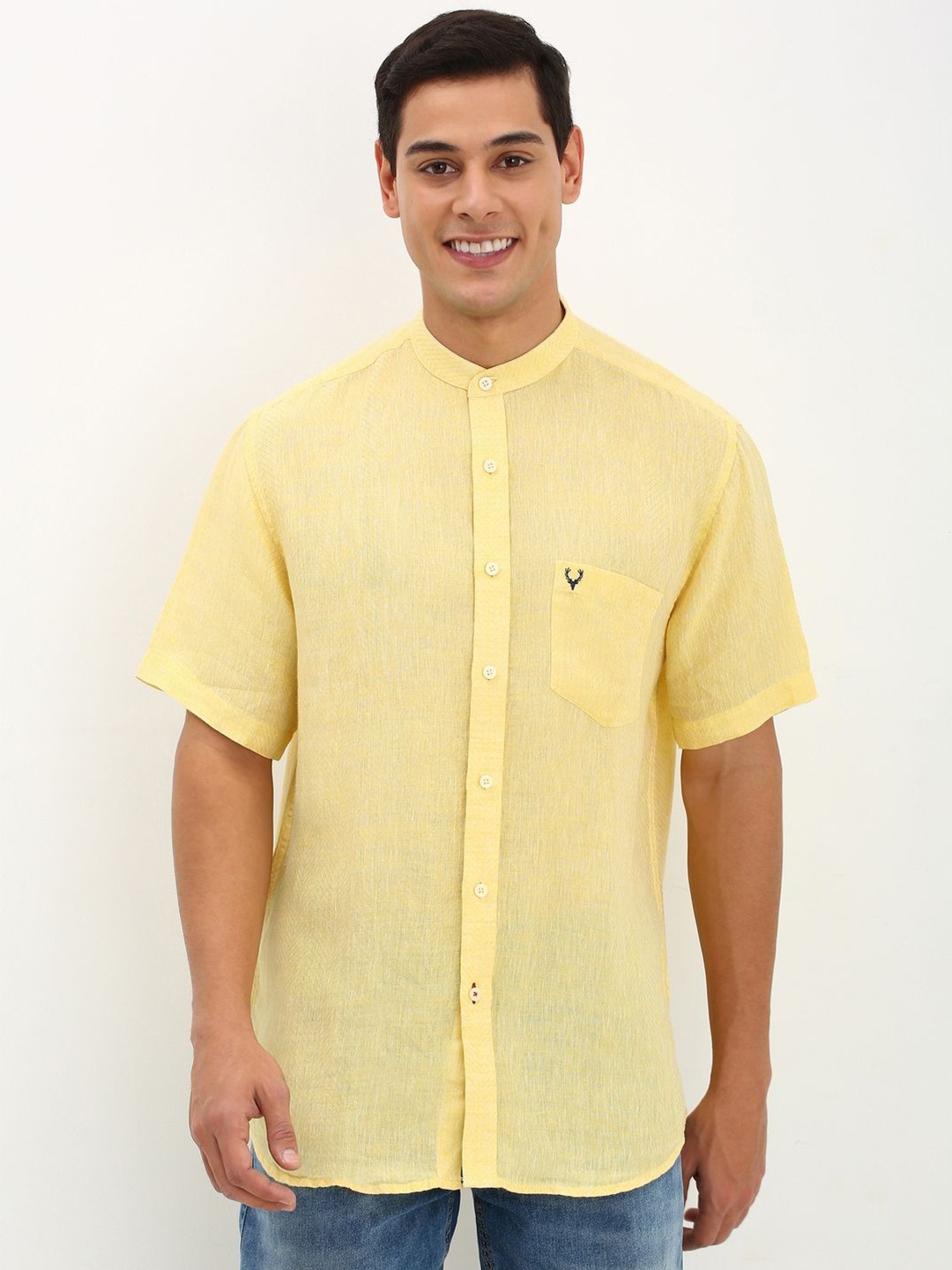 

Allen Solly Men Band Collar Solid Linen Slim Fit Casual Shirt, Yellow