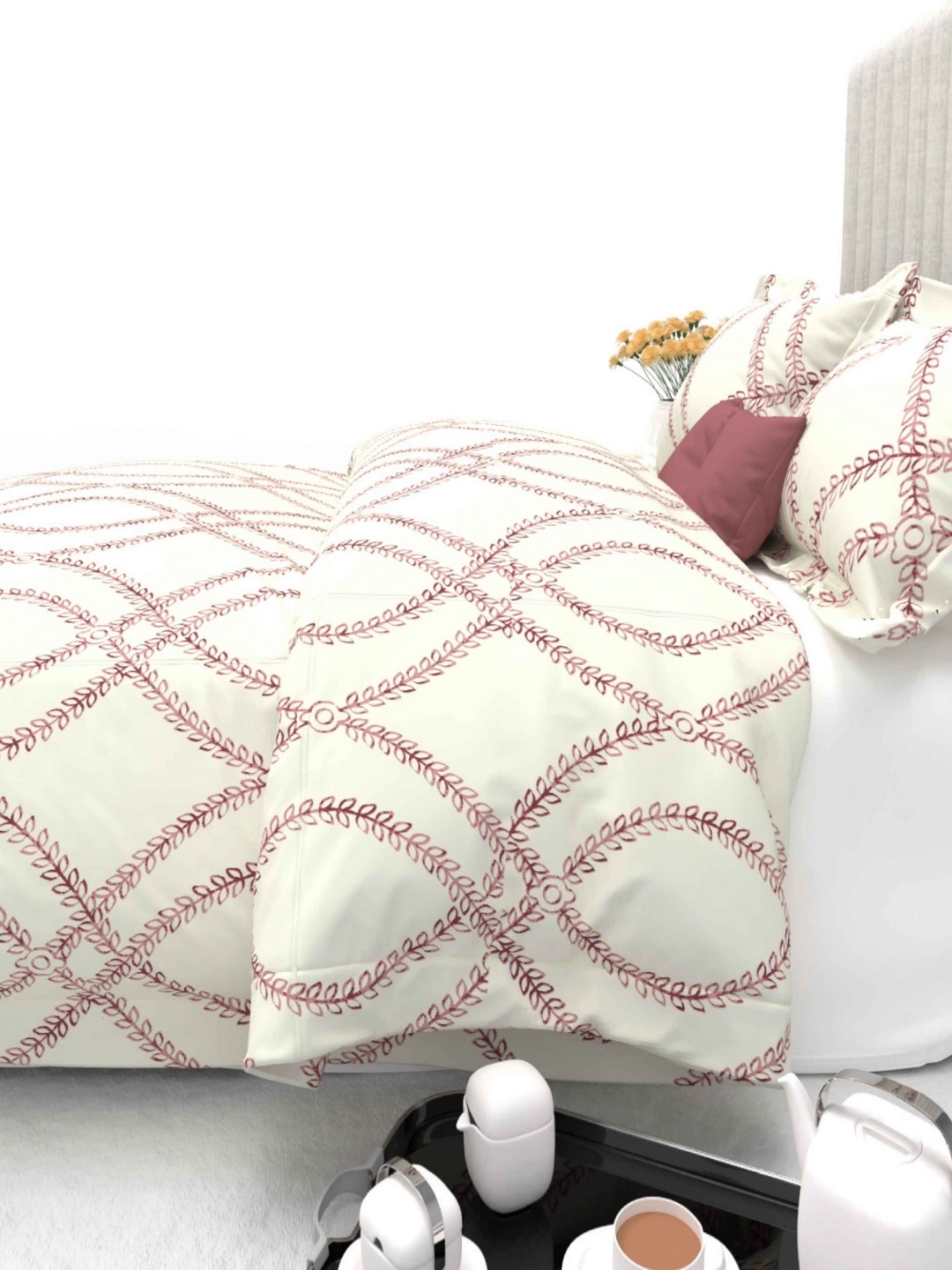 

THE WHITE MOSS Cream & Red Geometric 600 TC King Bedsheet with 2 Pillow Covers