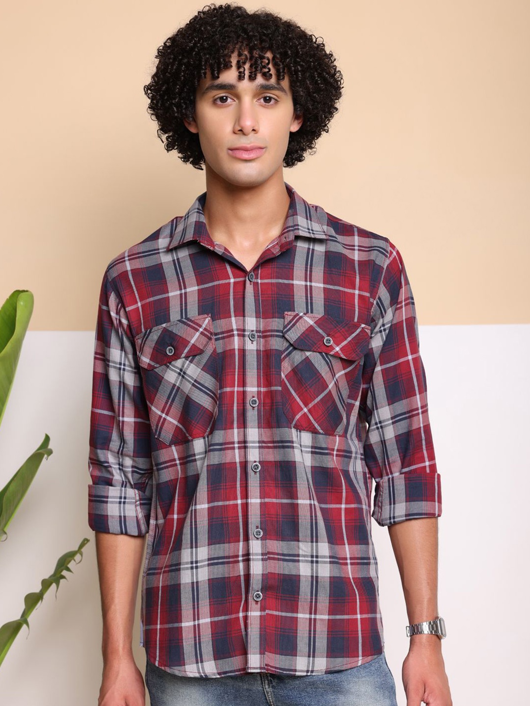 

FILO HEVIS Spread Collar Double Pocket Cotton Check Shirt, Red