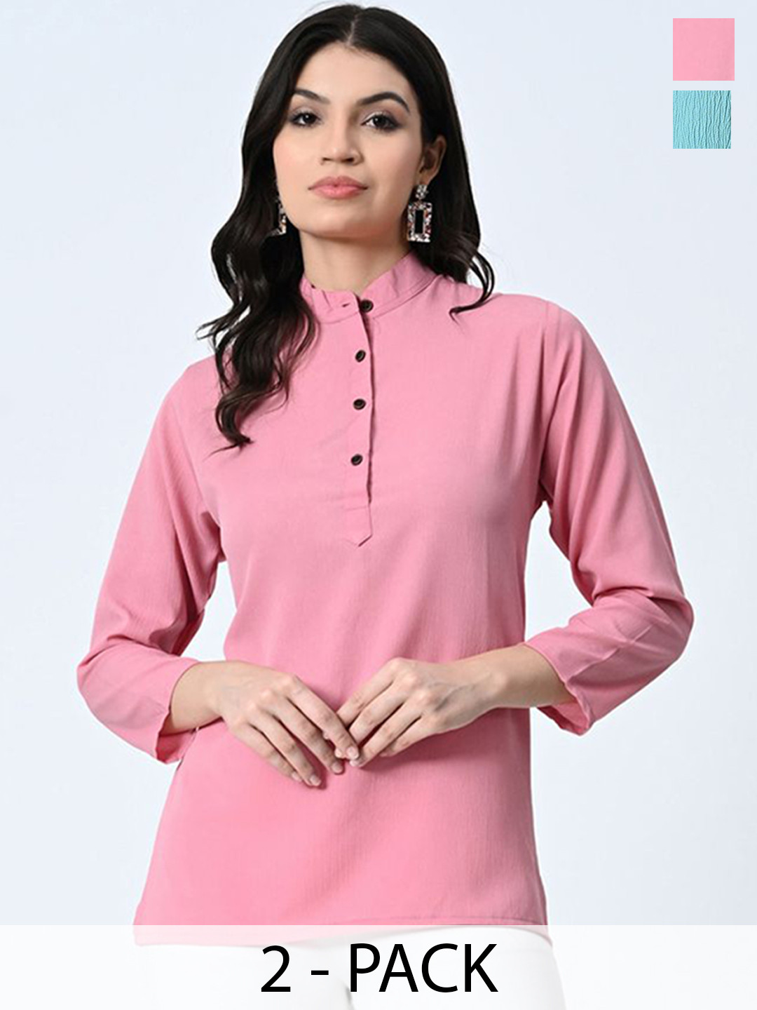 

BAESD Pack Of 2 Self Design Mandarin Collar Crepe Tops, Pink