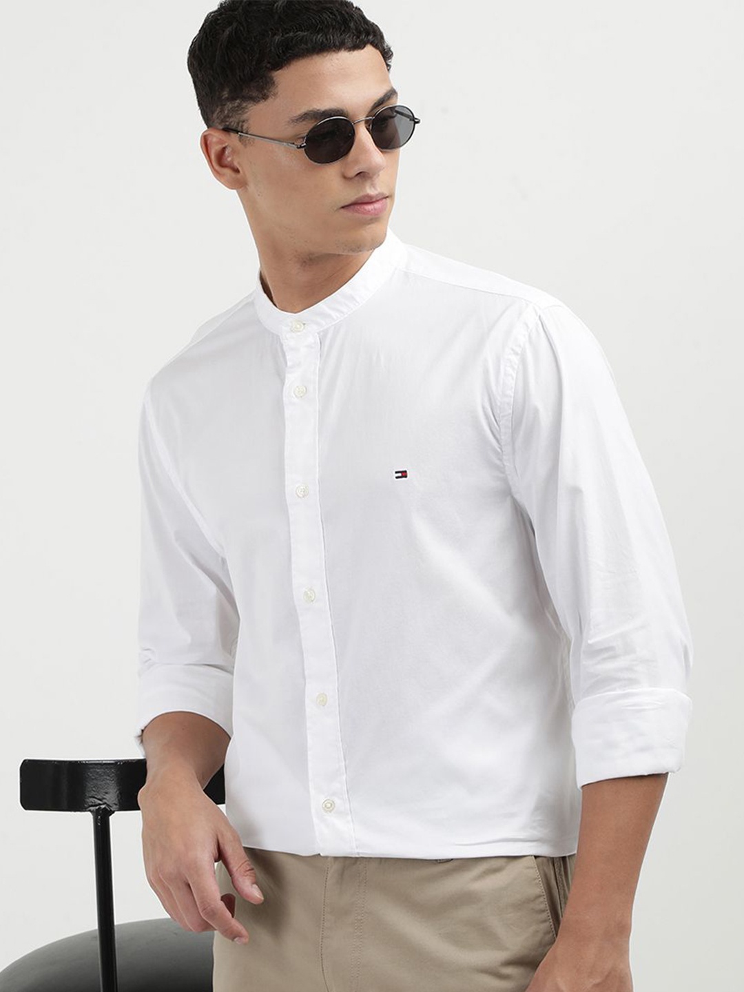 

Tommy Hilfiger Men Solid Band Collar Casual Shirt, White