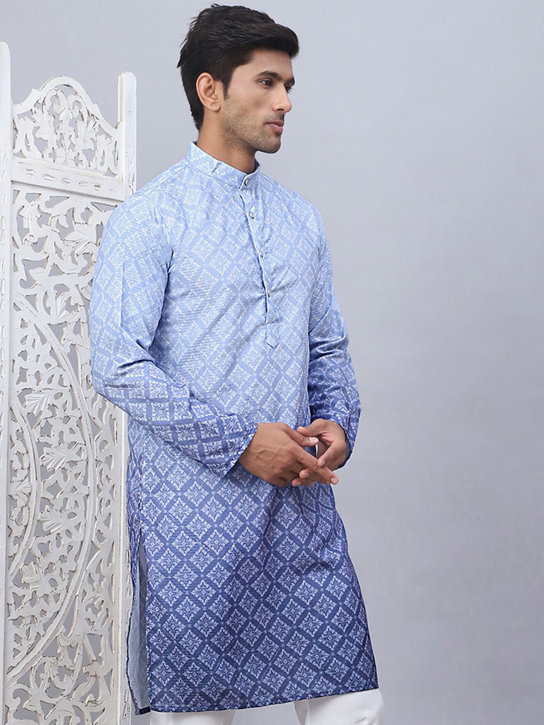 

Jompers Ethnic Motifs Printed Mandarin Collar Straight Kurta, Blue