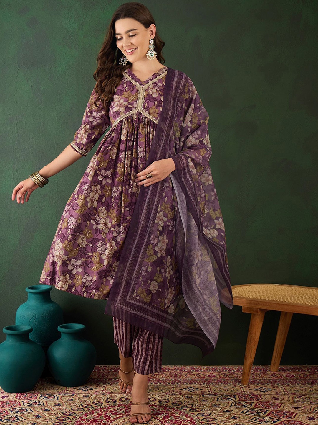 

Sangria Floral Printed V Neck Anarkali Kurta & Trouser With Dupatta, Purple