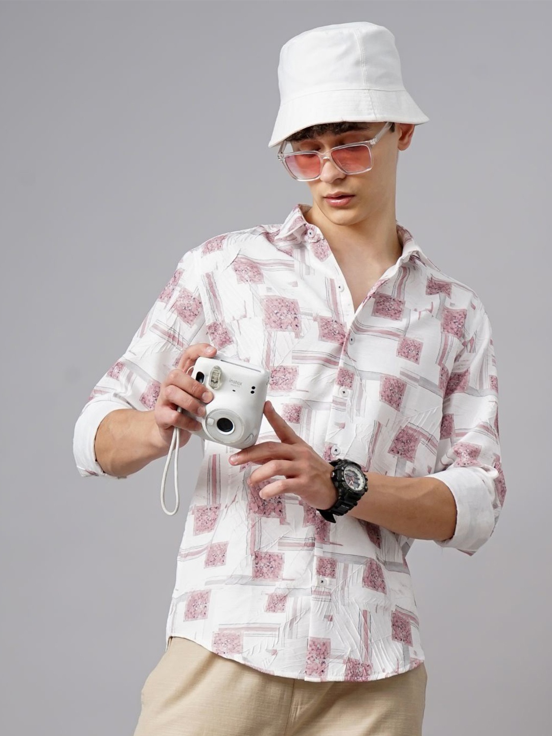 

PAUL STREET Men Standard Spread Collar Abstract Printed Slim Fit Casual Shirt, White