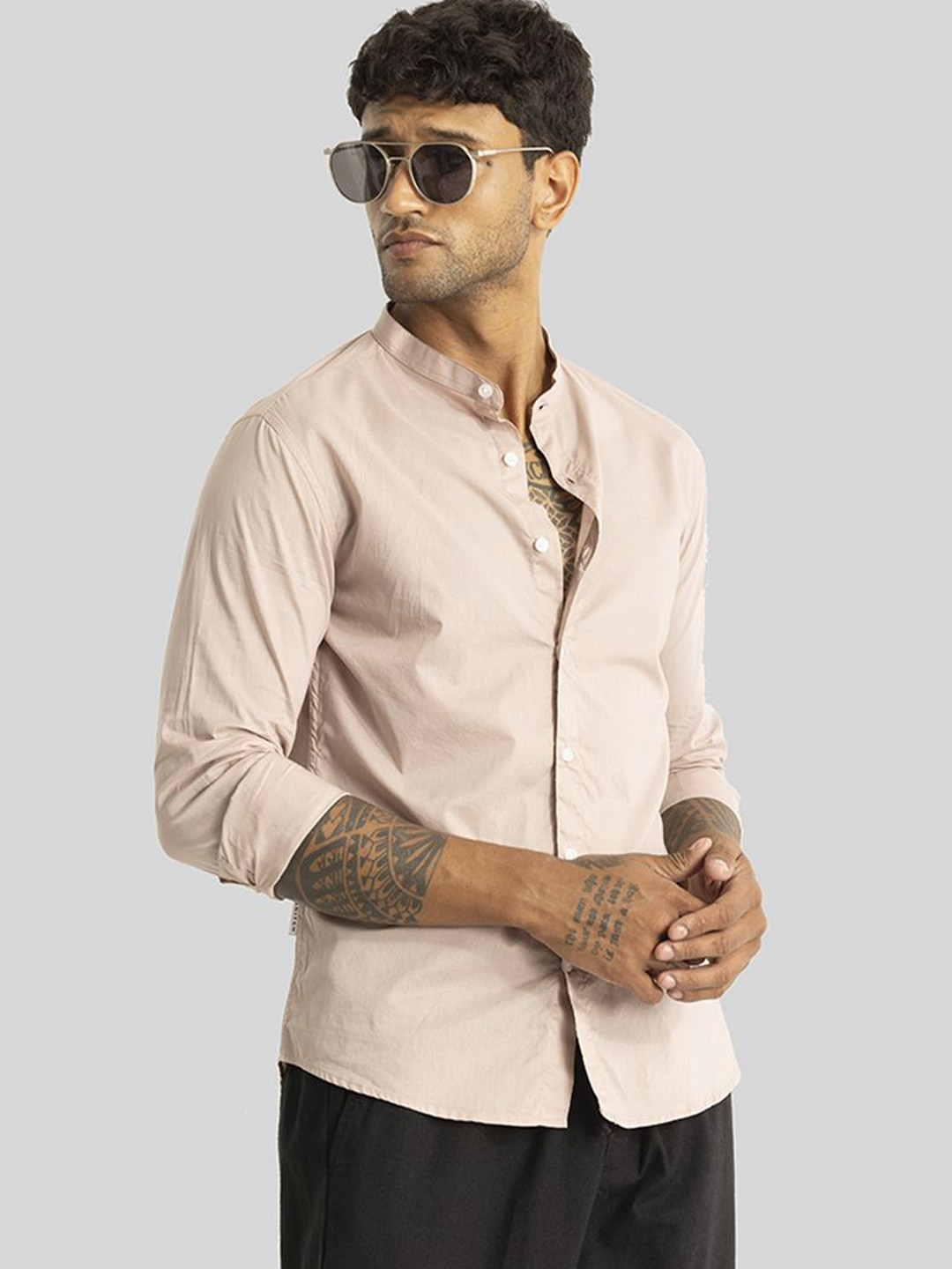 

Snitch Men Smart Slim Fit Solid Mandarin Collar Casual Shirt, Peach