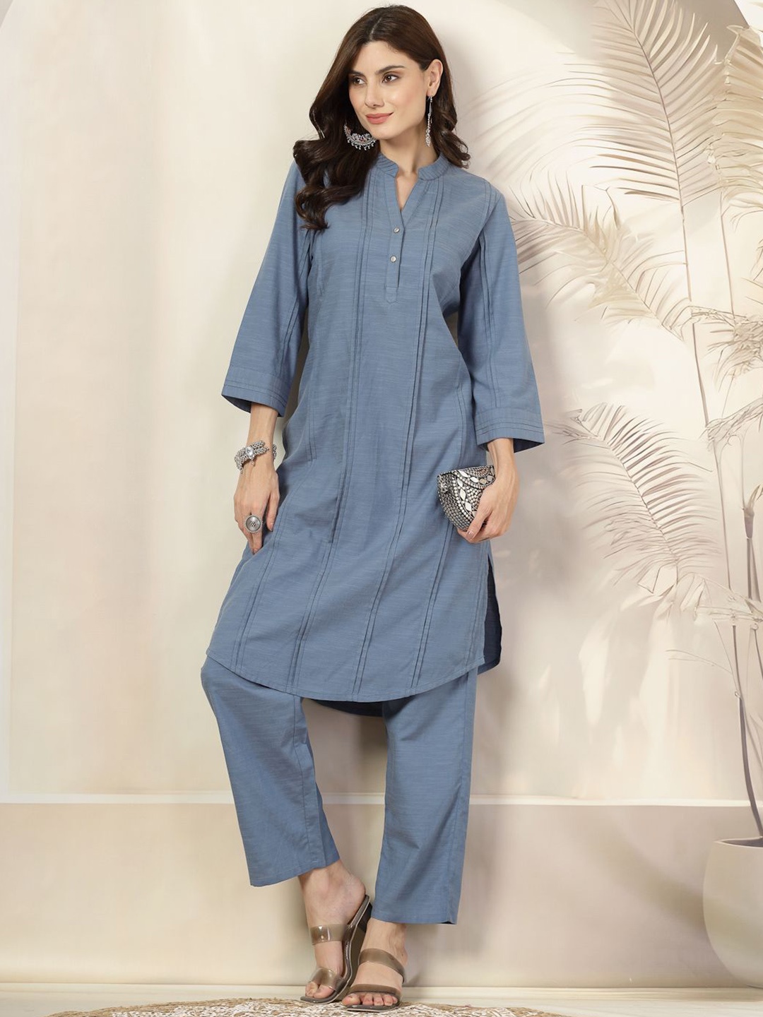 

Nayam By Lakshita Self Design Cotton Linen A Line Kurta with Trousers, Blue