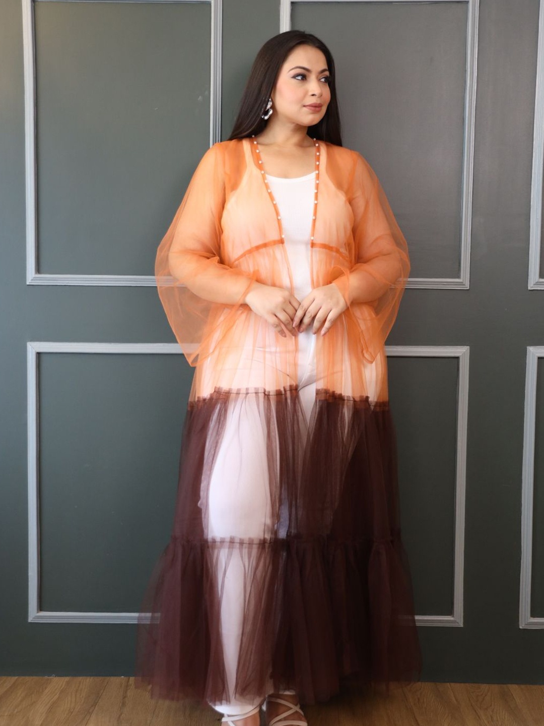 

Swadeshi Shringaar Colourblocked Open Front Longline Shrug, Orange