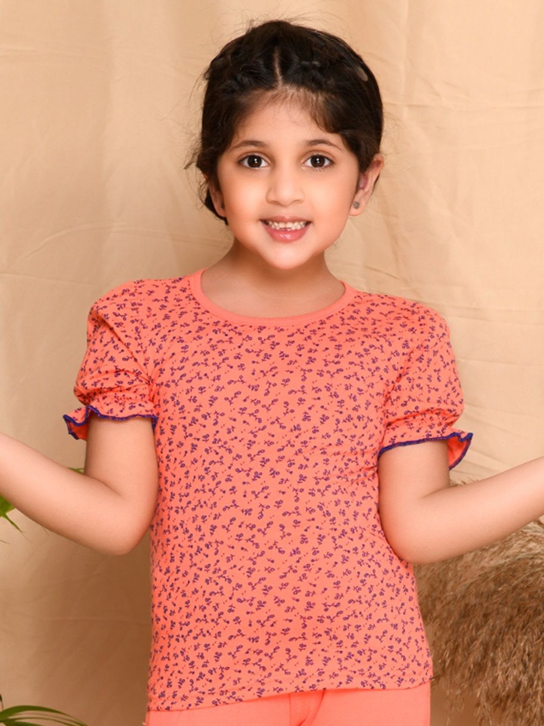 

Kids Cave Girls Floral Printed Round Neck Cotton T-Shirt, Orange