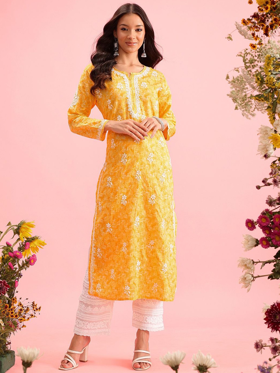 

ADA Floral Printed Notch Neck Lucknowi Chikankari Cotton Straight Kurta, Yellow