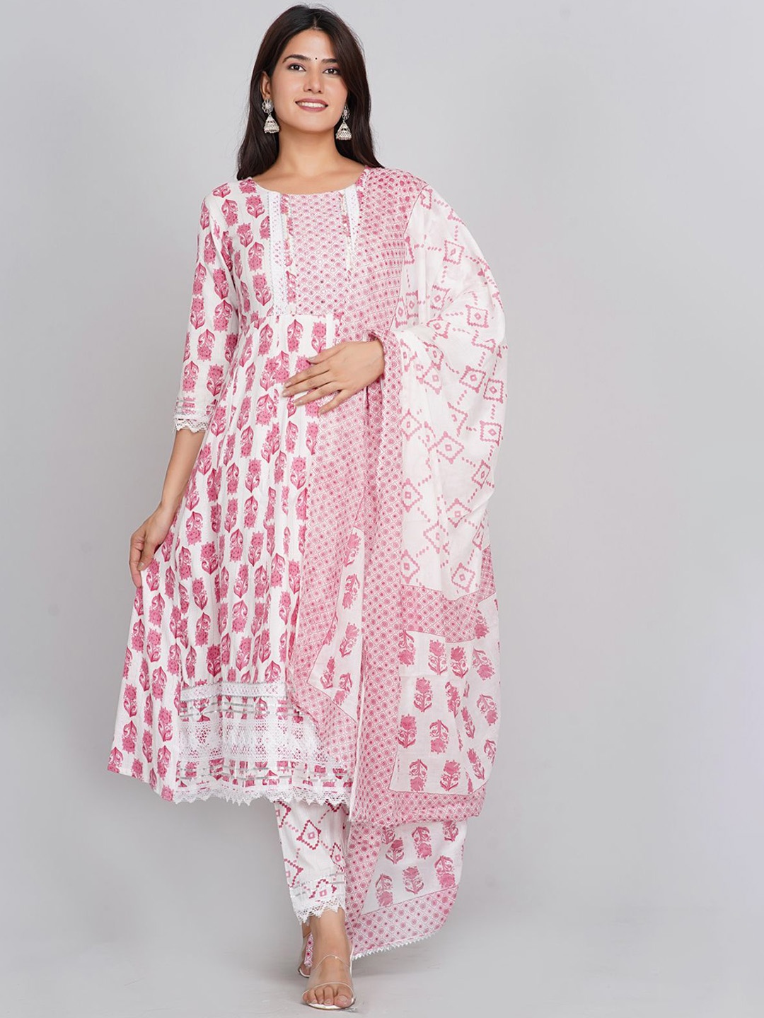

Neemiya Floral Printed Mirror Work Anarkali Kurta with Trousers & Dupatta, Pink