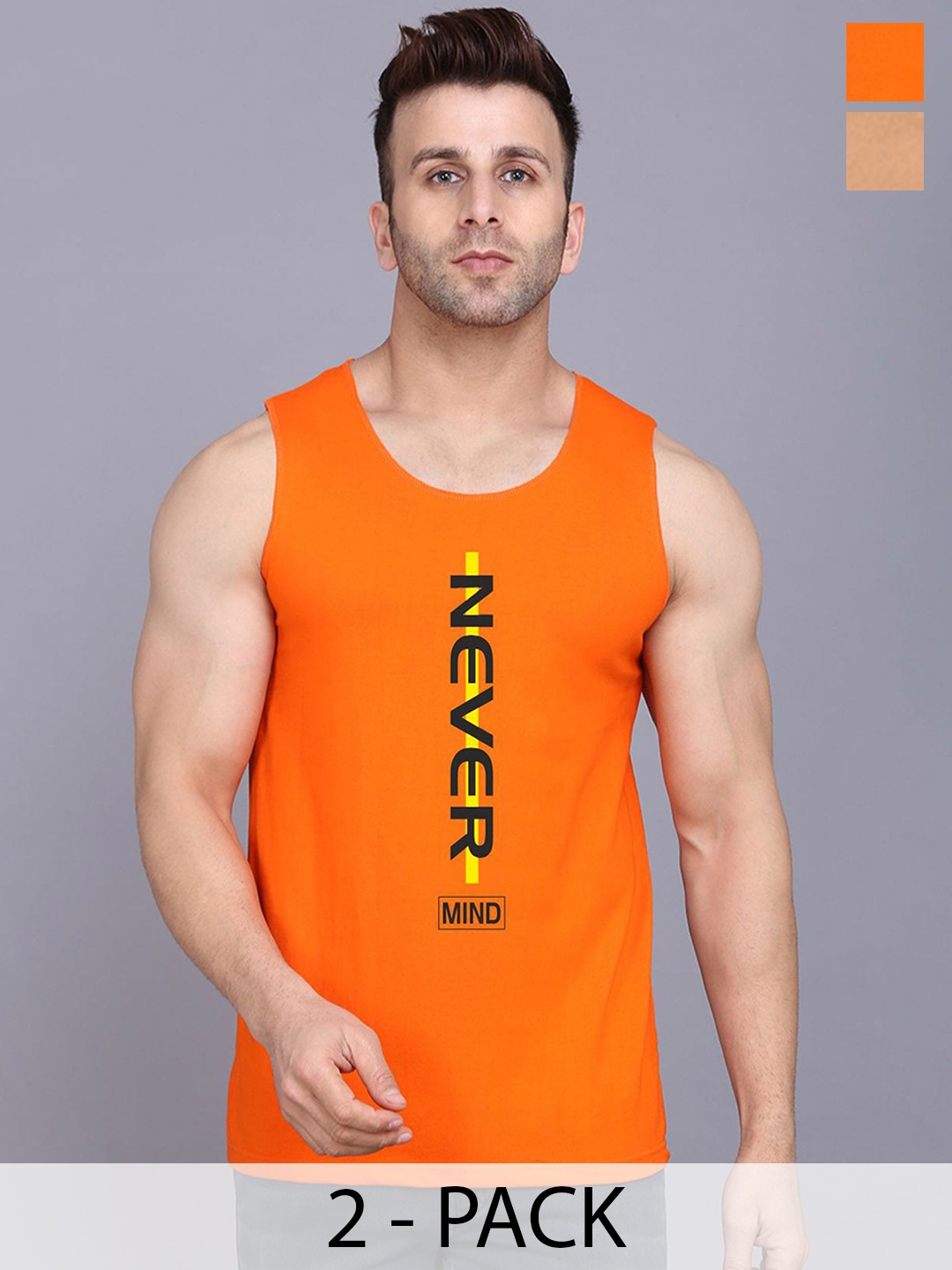 

SLOWLORIS Pack Of 2 Printed Gym Vests SL26 COMBO (LOUD BLKRST) (NVR ORANGE), Black