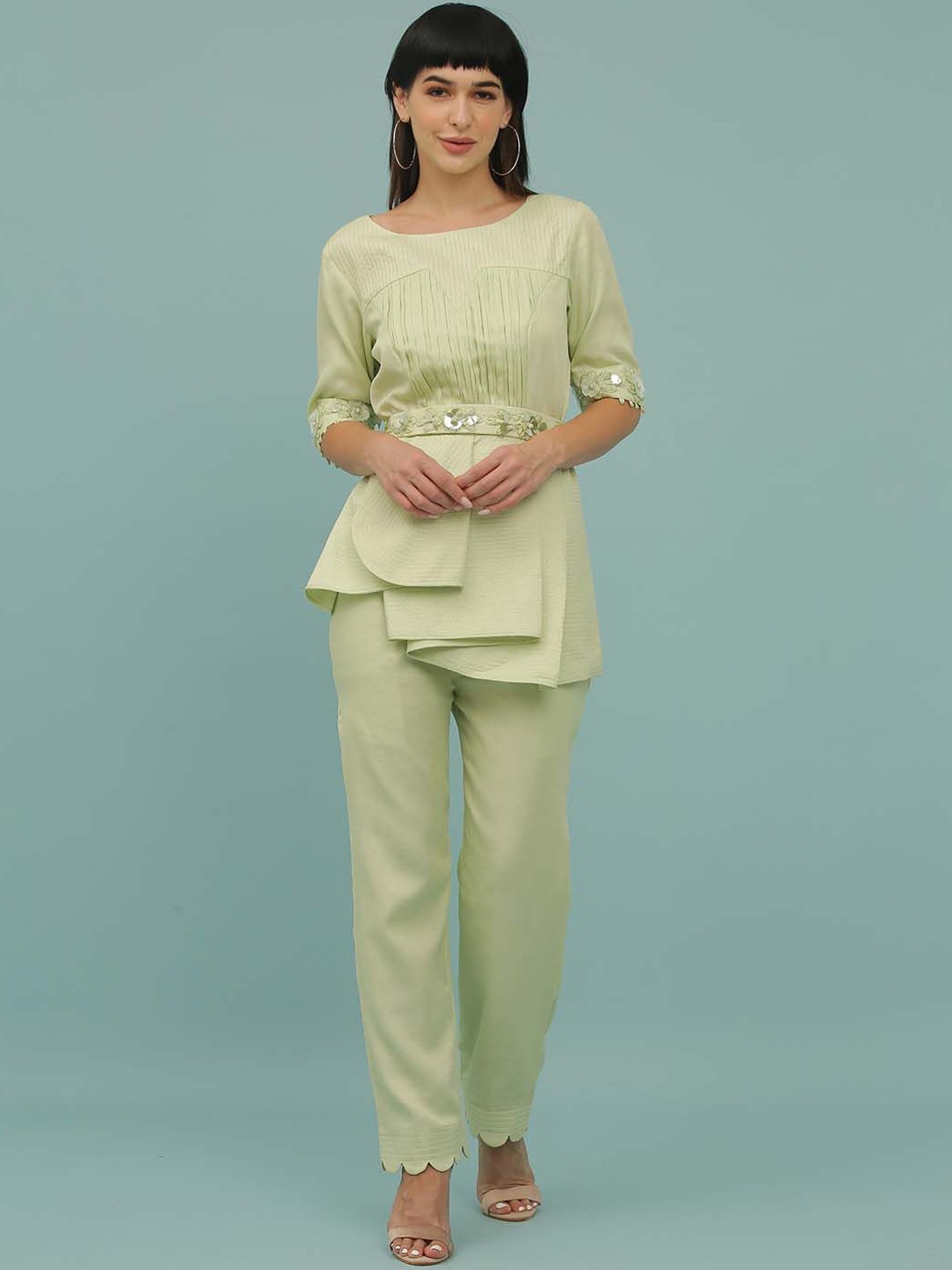 

Sejal Kamdar Self Design Embellished Pin Tuck Top With Trousers, Green