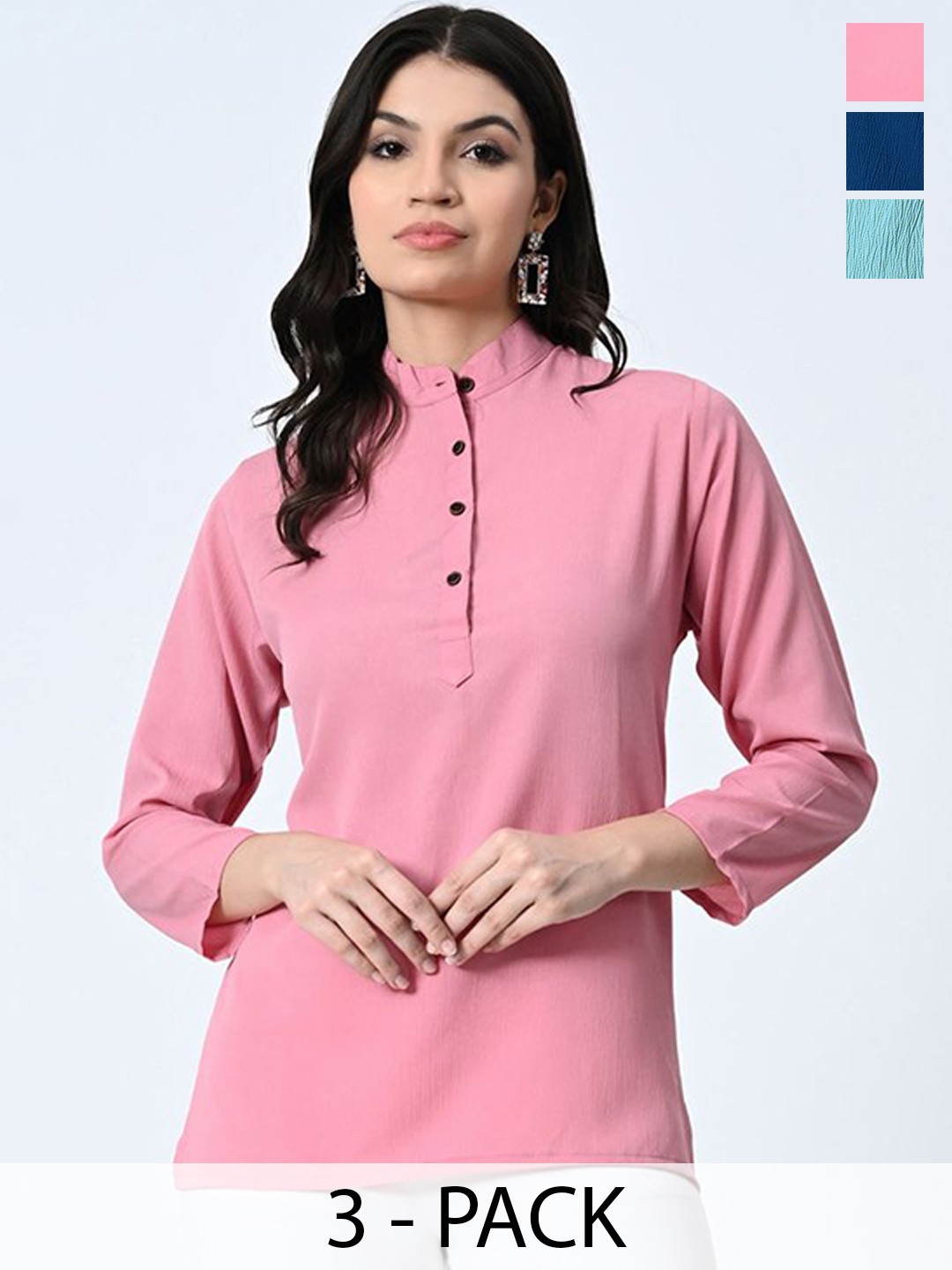

BAESD Pack of 3 Mandarin Collar Crepe Straight Top, Pink