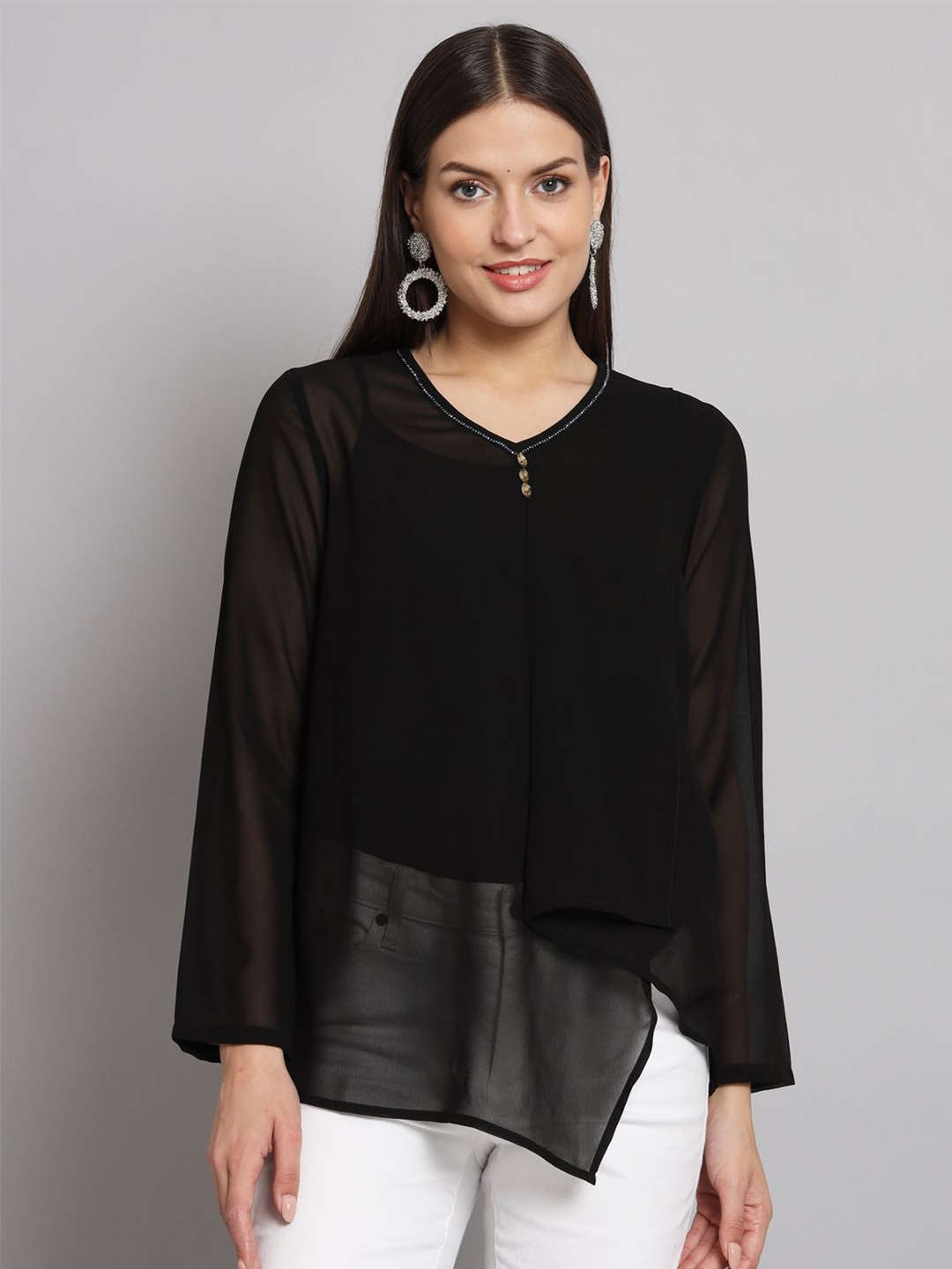 

Poshak Hub Women Embellished Sheer V-Neck Top, Black