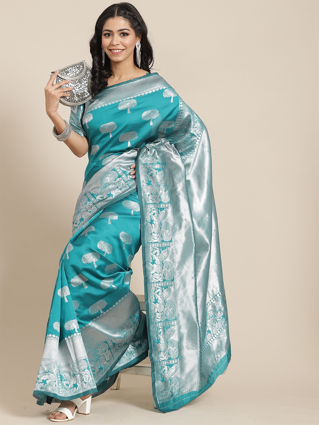 

KALINI Woven Design Zari Banarasi Saree, Turquoise blue