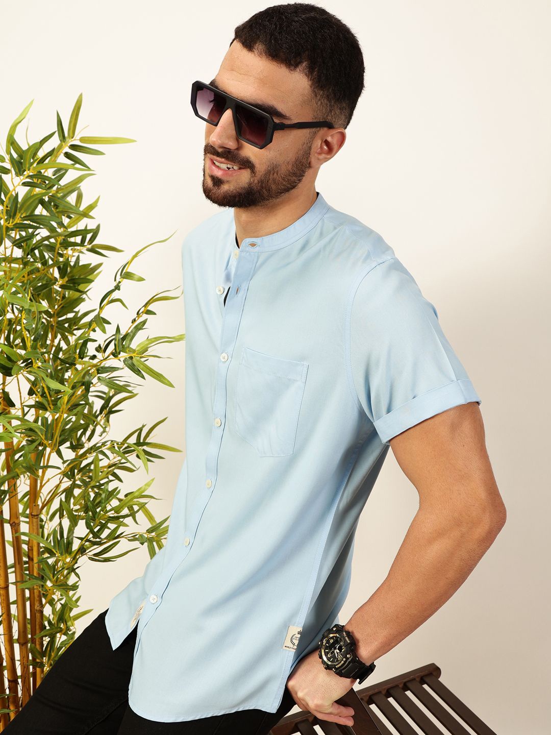 

Thomas Scott Men Premium Solid Mandarin Collar Casual Shirt, Blue