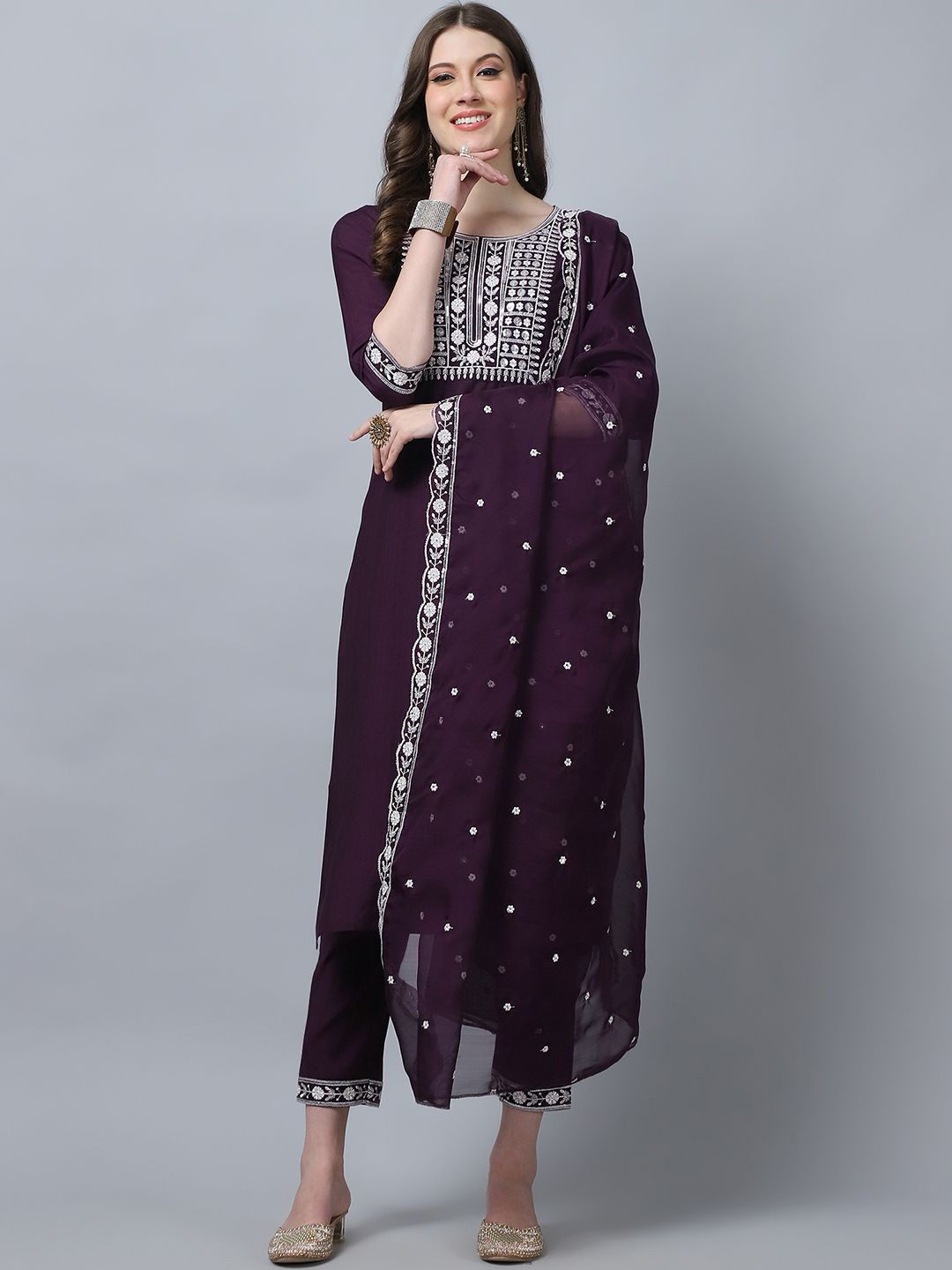 

KALINI Ethnic Motifs Yoke Design Pure Silk Straight Kurta with Trousers & Dupatta, Maroon