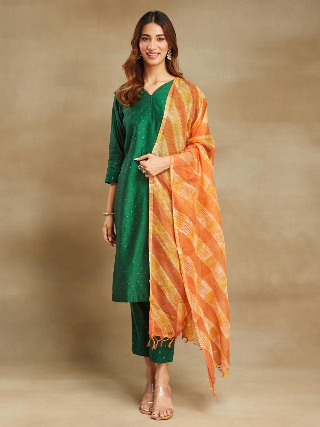 

Fabindia Striped Printed Orange Cotton Silk Dupatta