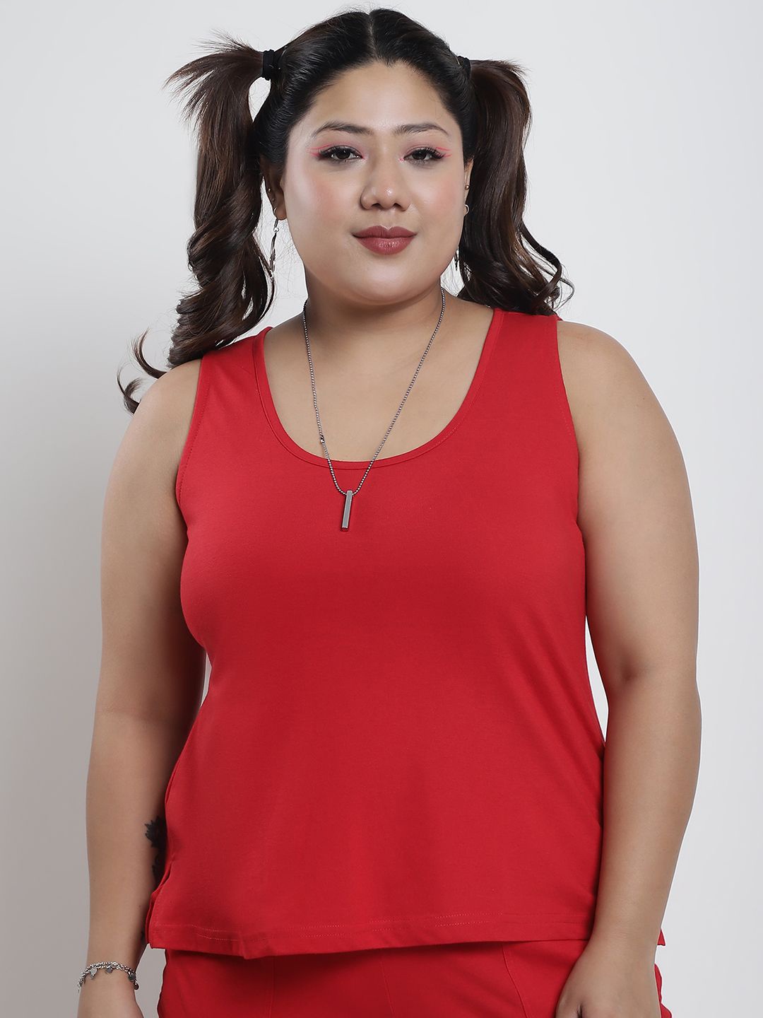 

thkgrlz Women Solid Round Neck Cotton Plus Size Top, Red