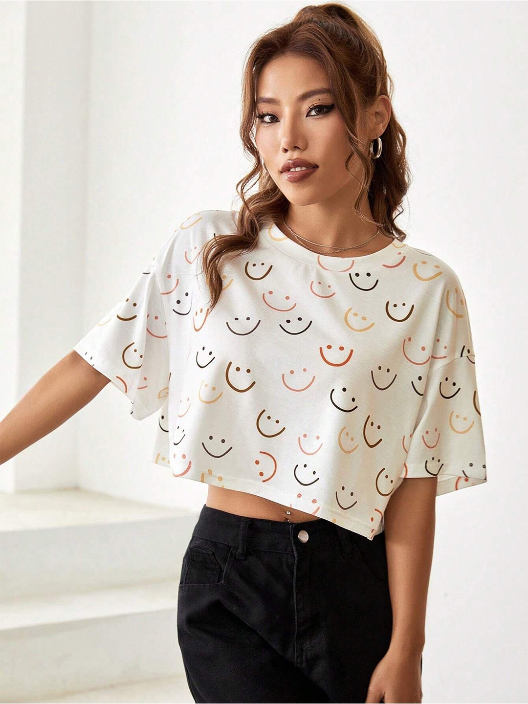 

TAGDO Women Conversational Printed Round Neck Polycotton Top, White