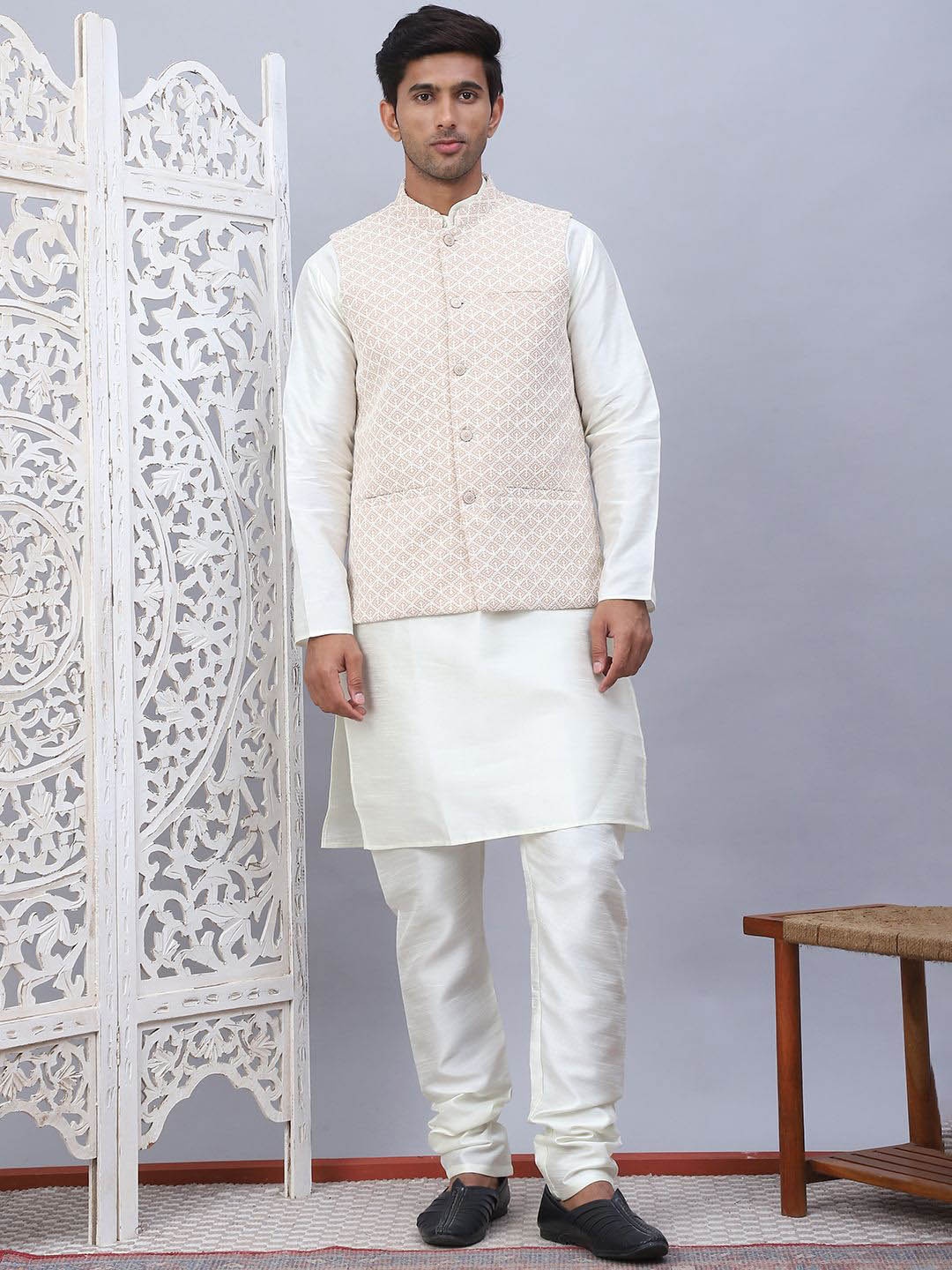 

Jompers Mandarin Collar Silk Cotton Straight Kurta with Churidar & Nehru Jacket, White