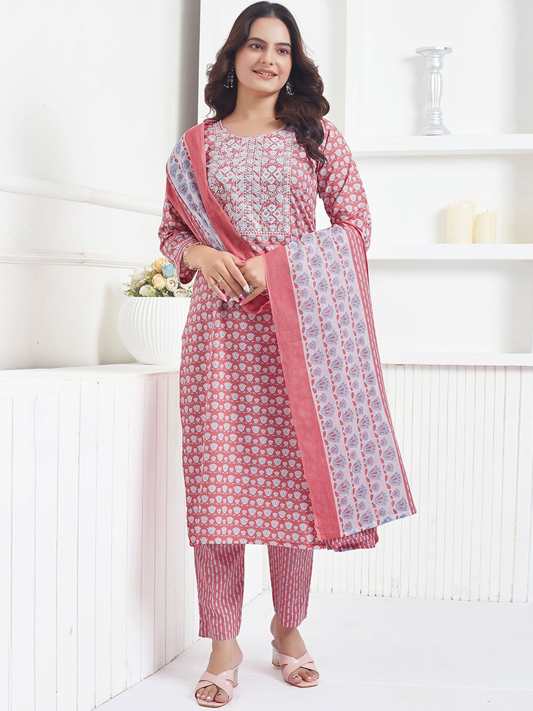 

Peachmode Floral Printed Thread Work Pure Cotton Straight Kurta With Trousers & Dupatta, Peach