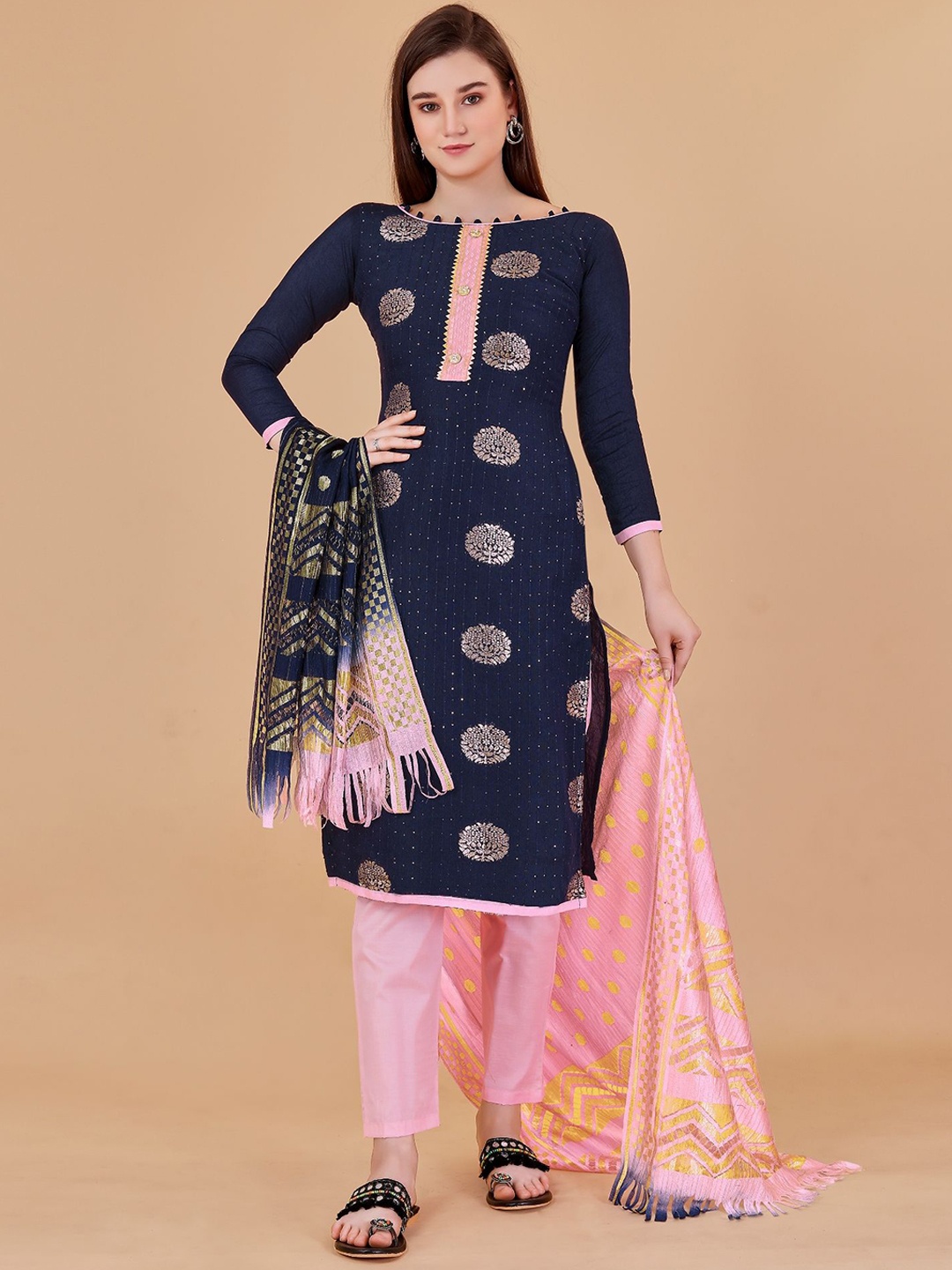 

JULEE Ethnic Motifs Embroidered Sequinned Unstitched Dress Material, Navy blue