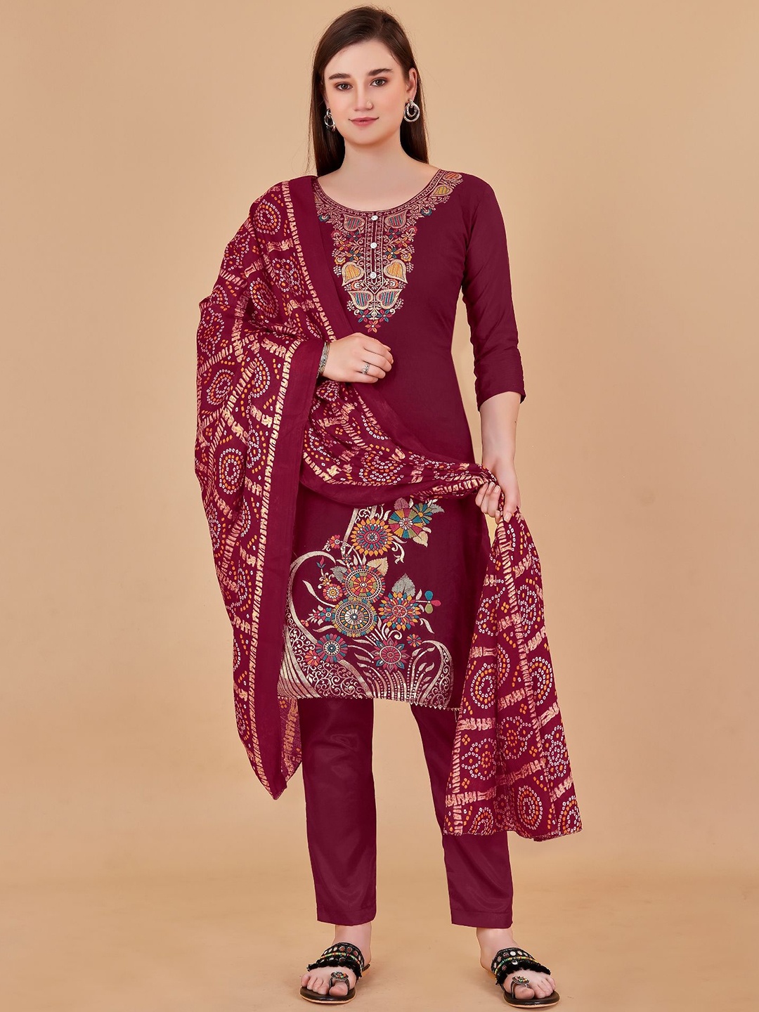 

JULEE Ethnic Motifs Printed Unstitched Dress Material, Maroon