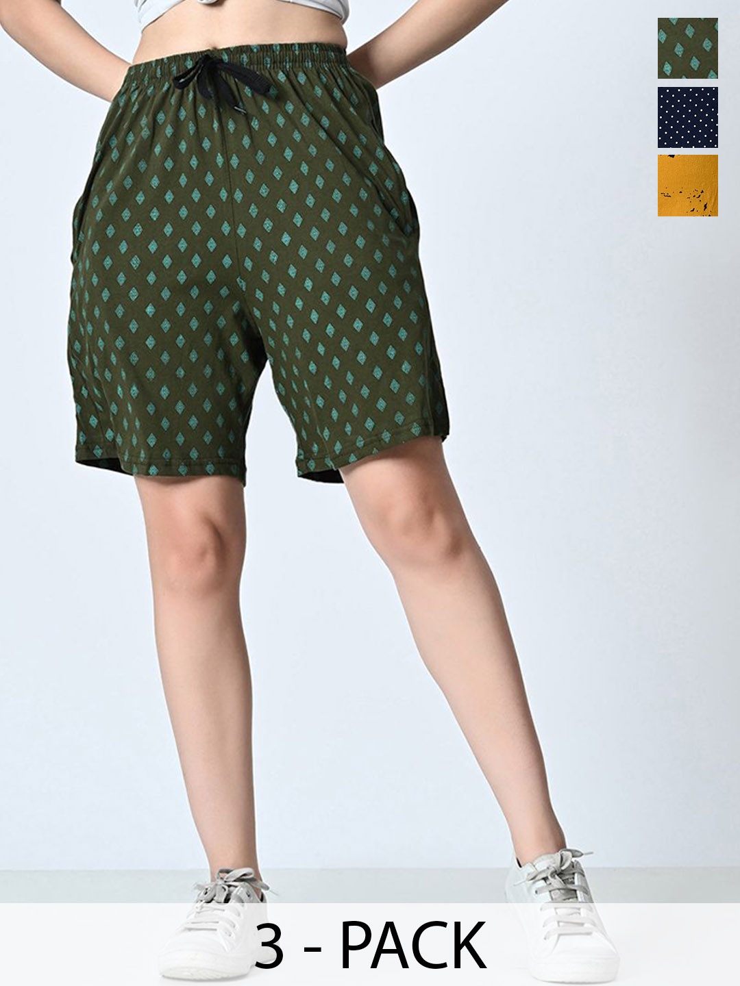 

BAESD Women Pack of 3 Cotton Printed High-Rise Shorts, Green