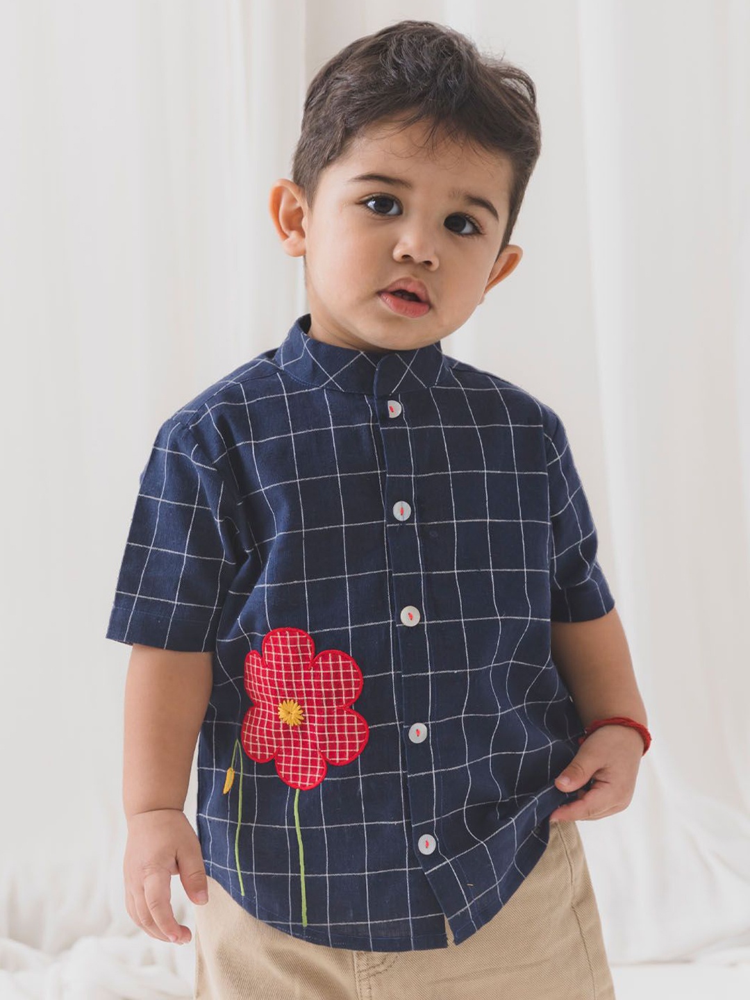 

Tiber Taber Boys Windowpane Checks Opaque Casual Shirt, Navy blue
