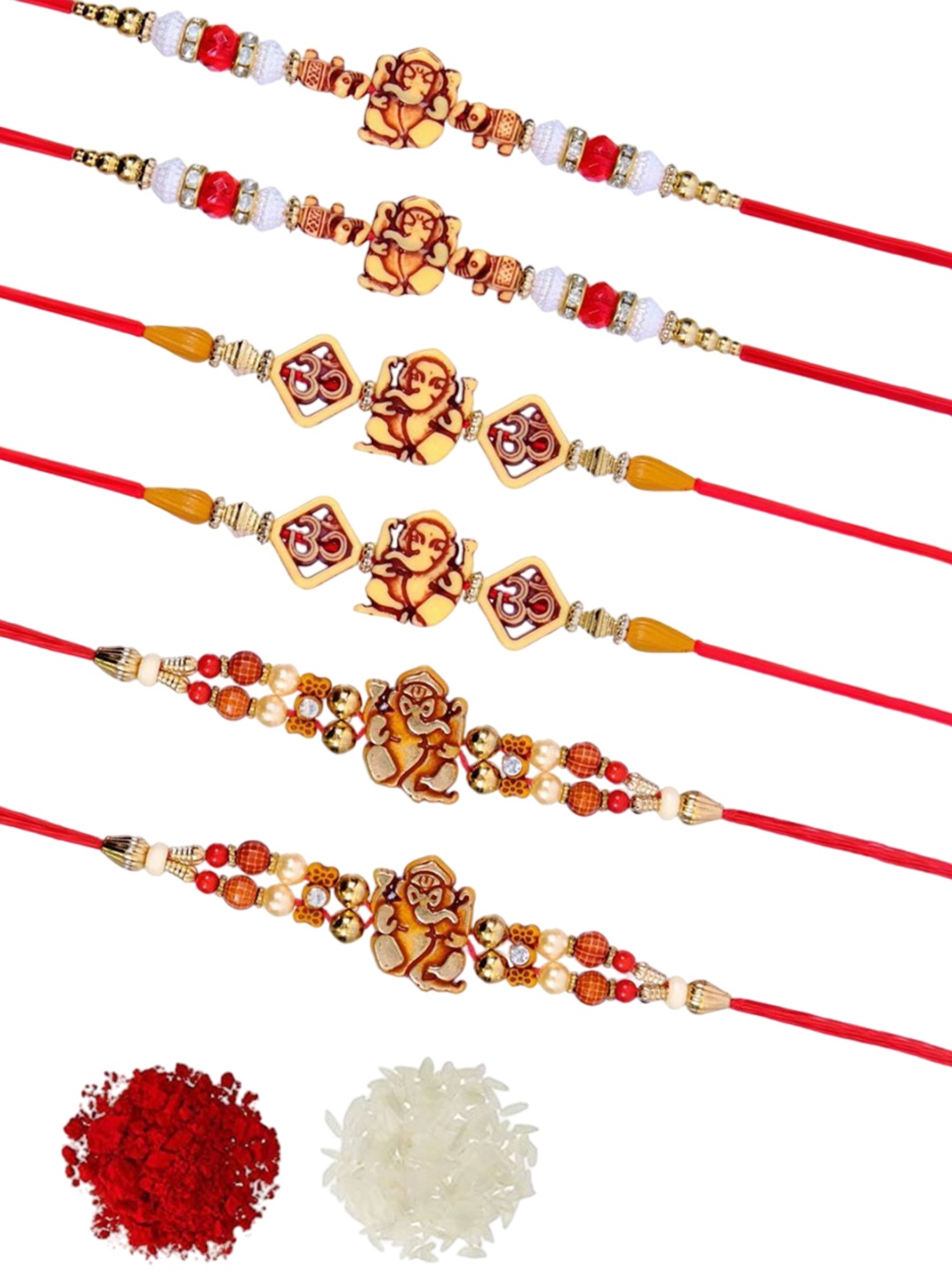 

Crunchy Fashion Set Of 6 Beaded Thread Rakhi With Roli Chawal, Red
