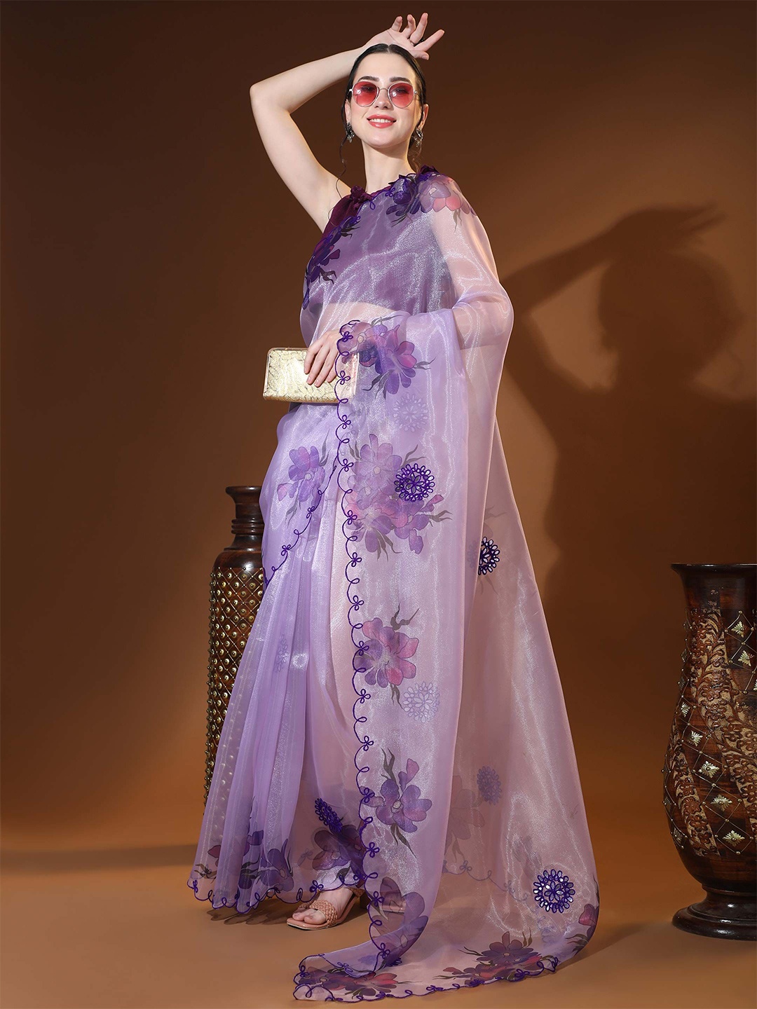 

VAMSEE Embellished Embroidered Organza Saree, Violet