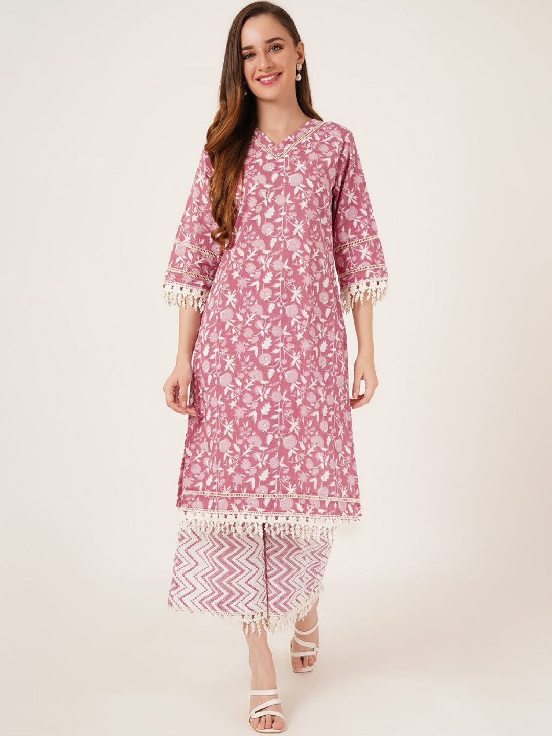 

COTLAND FASHION Floral Printed Straight Pure Cotton Kurta with Palazzos, Pink