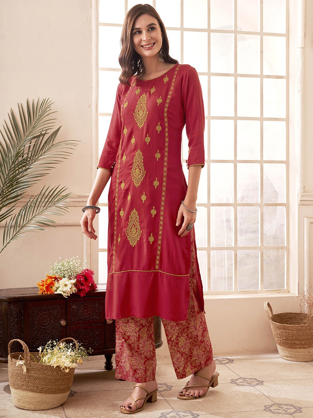 

Anouk Red Floral Embroidered Straight Kurta With Palazzo & Dupatta