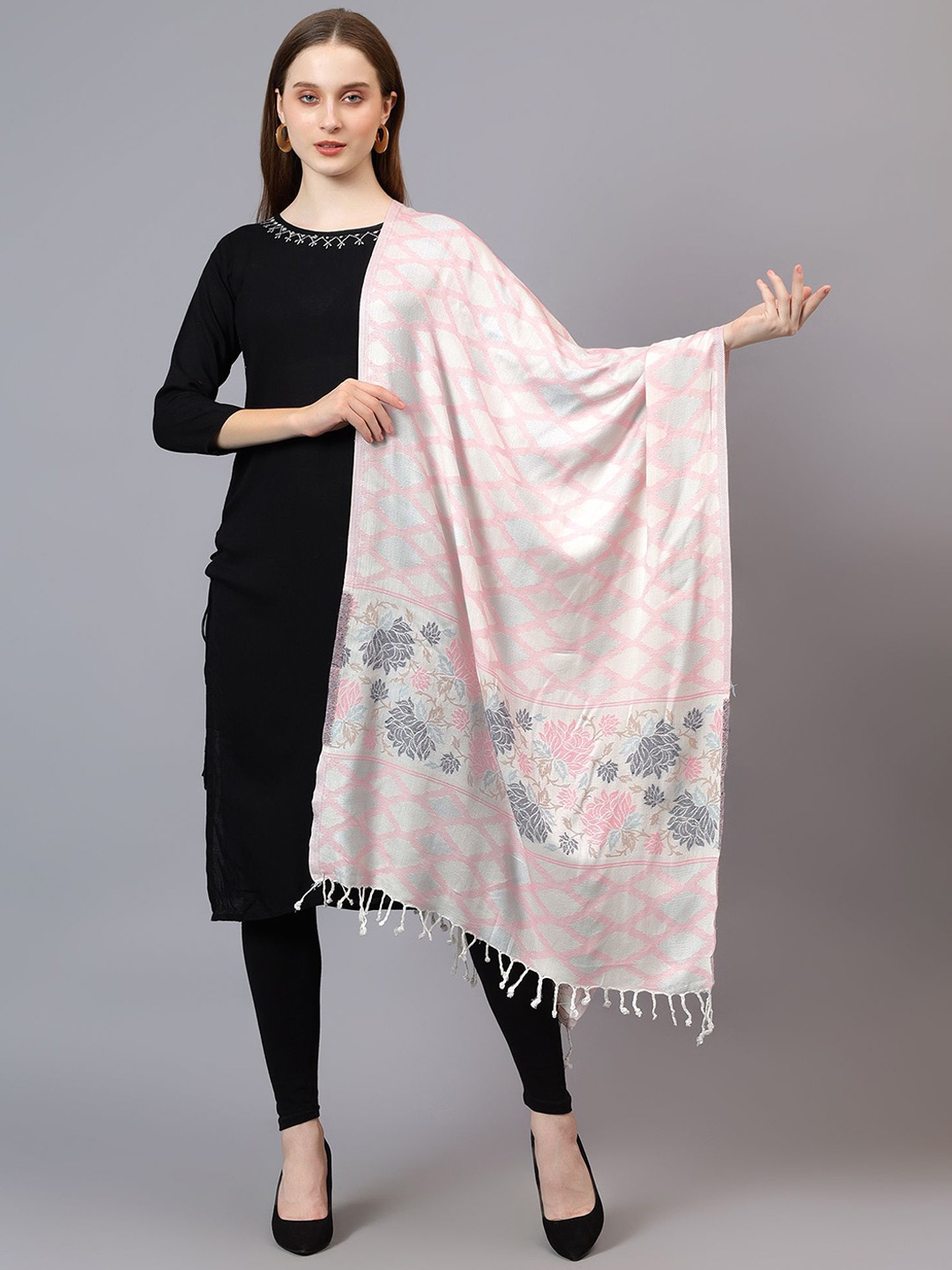 

Mizash Ethnic Motifs Woven Design Woollen Shawl, White