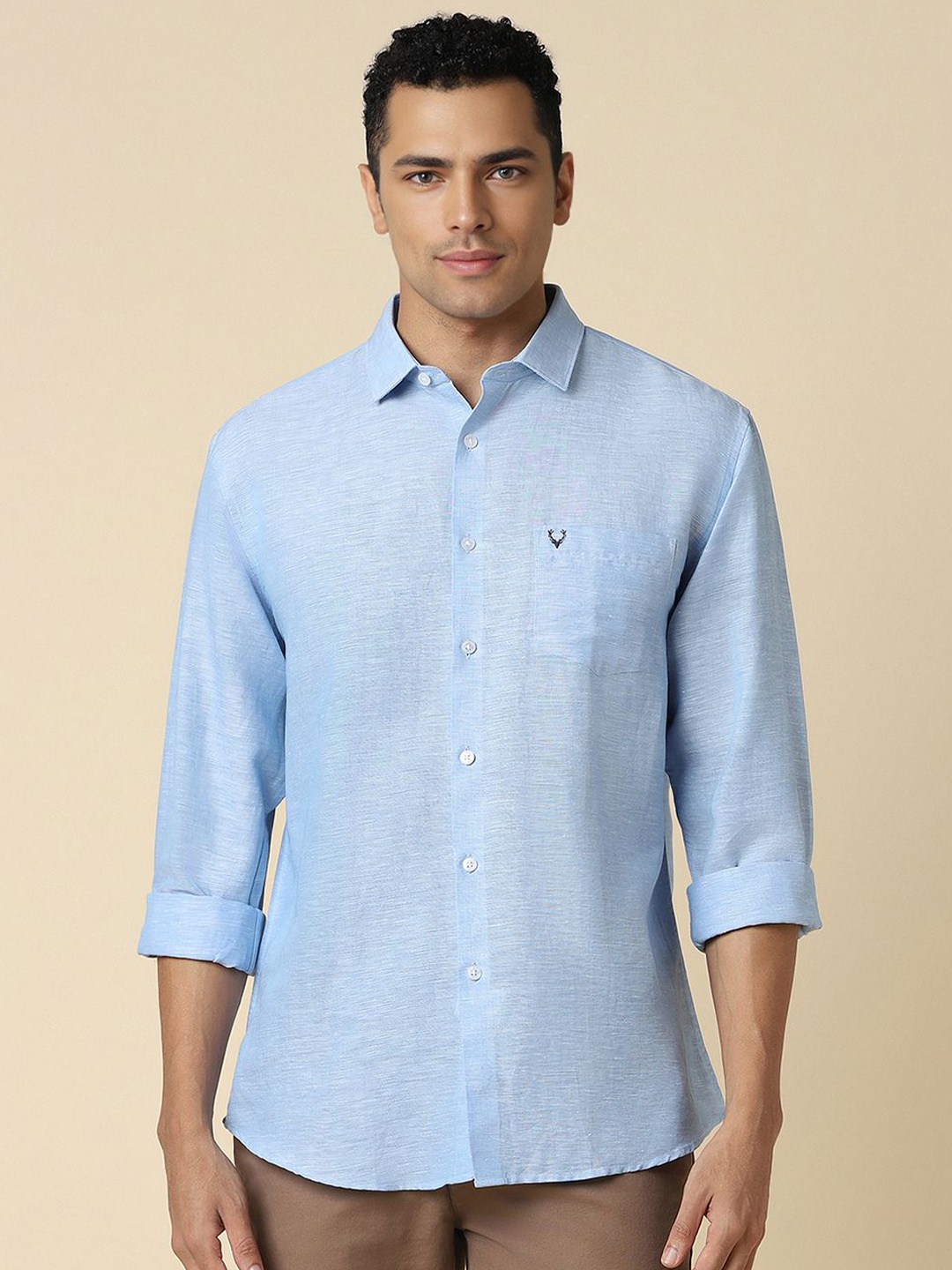 

Allen Solly Men Spread Collar Solid Linen Slim Fit Casual Shirt, Blue