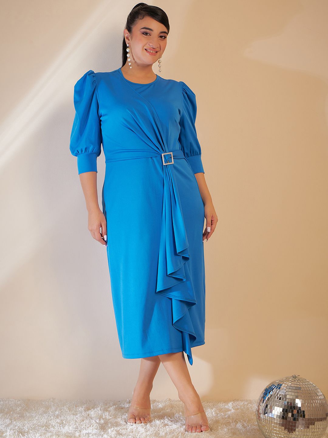 

CURVE BY KASSUALLY Puff Sleeve Sheath Midi Dress, Blue