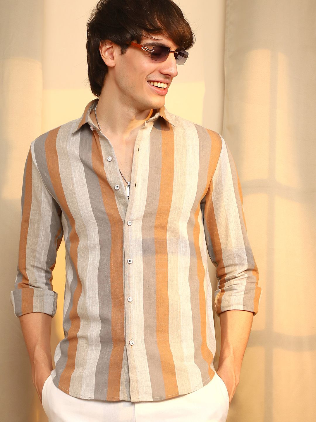 

Campus Sutra Men Comfort Opaque Striped Casual Shirt, Beige