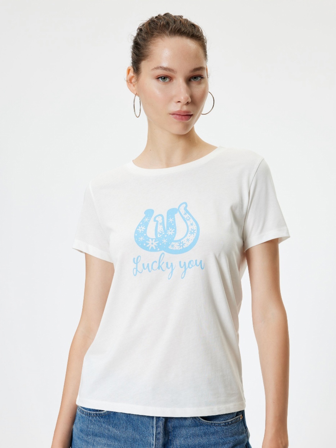 

Koton Women Graphic Printed Round Neck Cotton T-Shirt, Off white