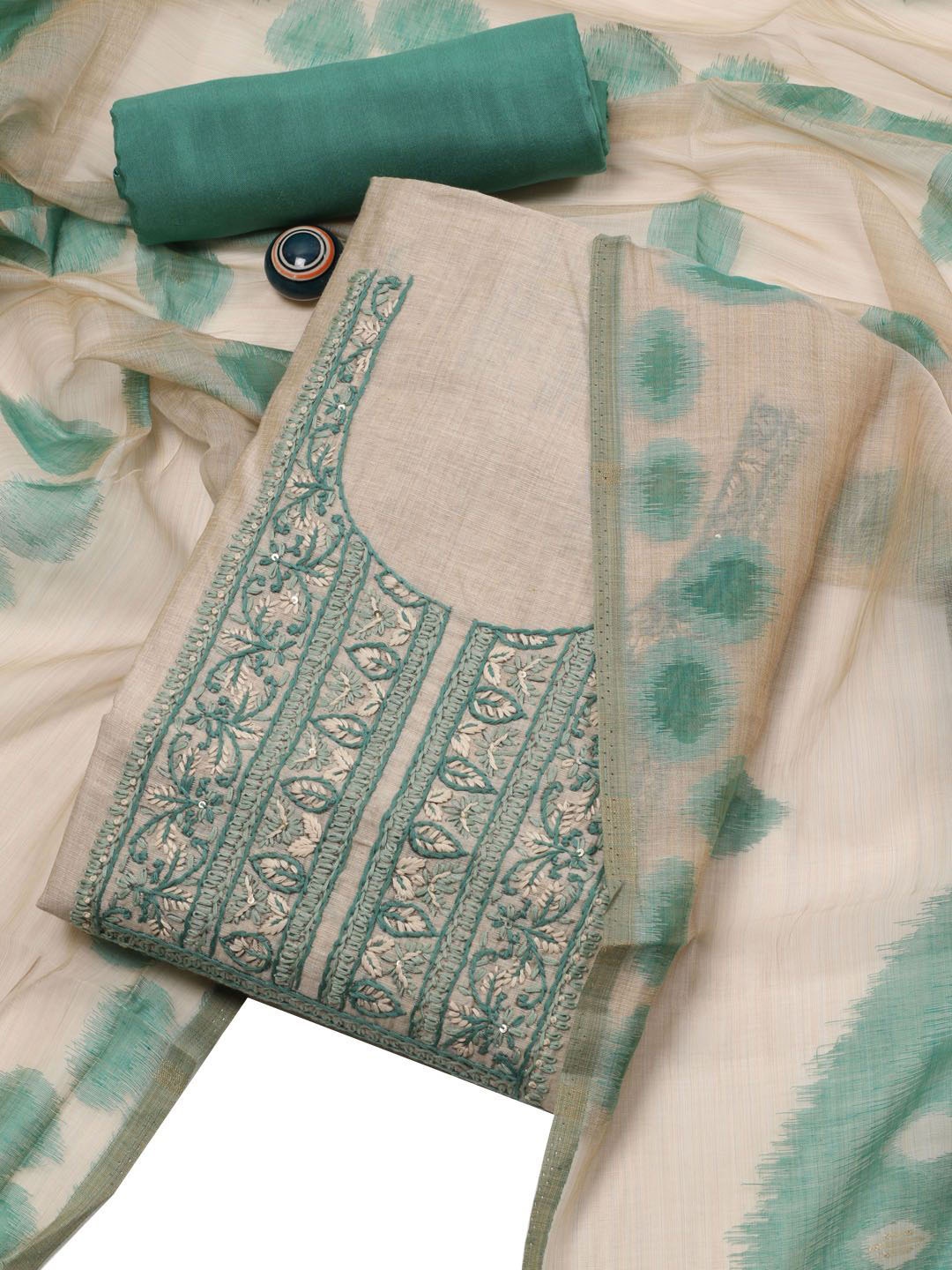 

Meena Bazaar Floral Embroidered Art Silk Unstitched Dress Material, Beige