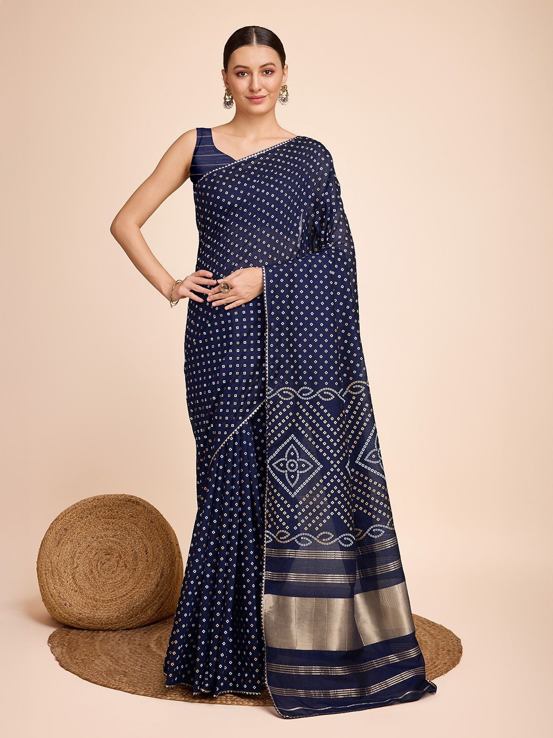 

bansari textiles Zari Silk Cotton Bandhani Saree, Navy blue