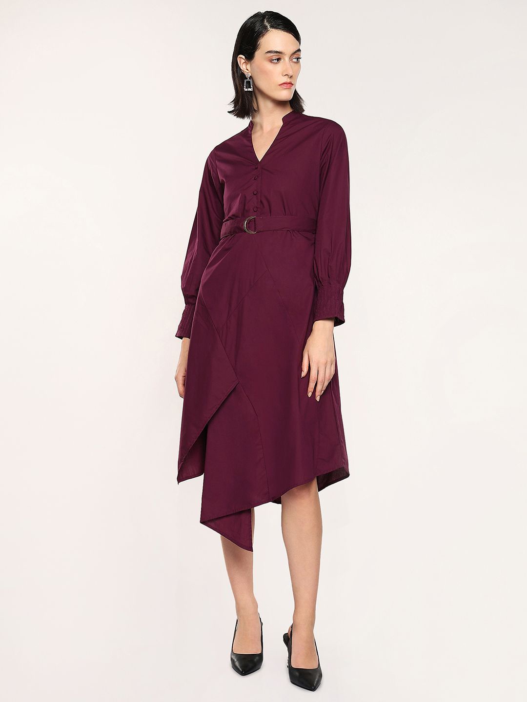 

RAREISM Mandarin Collar Cuffed Sleeves Belted Cotton A-Line Dress, Purple