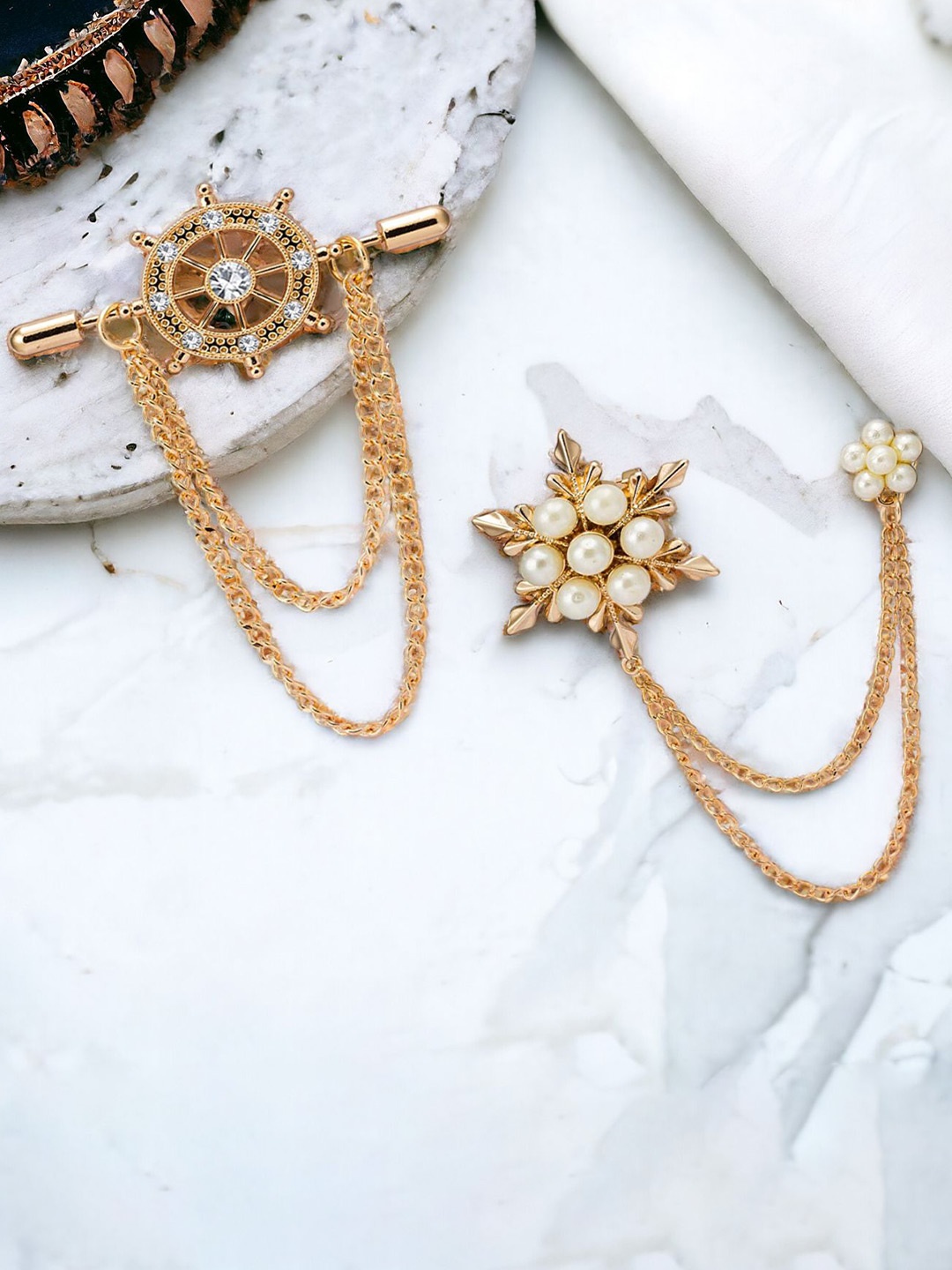 

Okos Men Set Of 2 Rose Gold-Plated Stones Studded Brooch